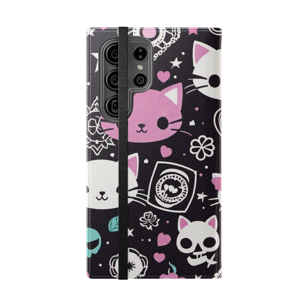 Pastel Goth Cat Flip Wallet Phone Case - Goth Cat Wallet Case for Samsung iPhone - Gothic Style Cats Wallet Phone Cases