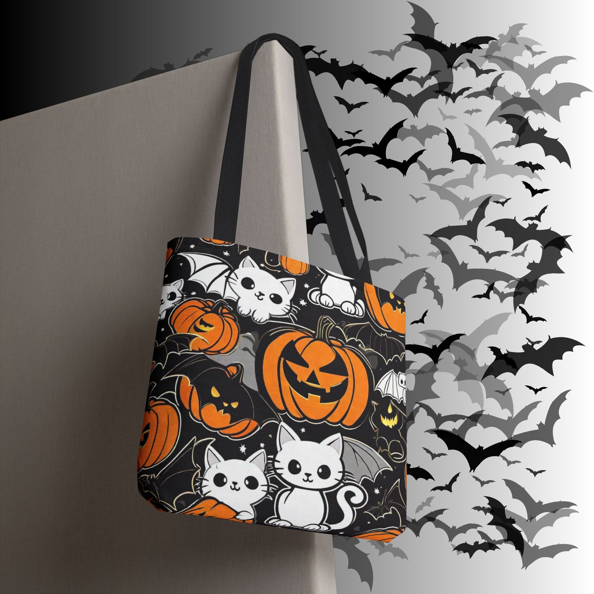 Kawaii Bat Cat Halloween Tote Bag — Dark Pumpkin Pattern
