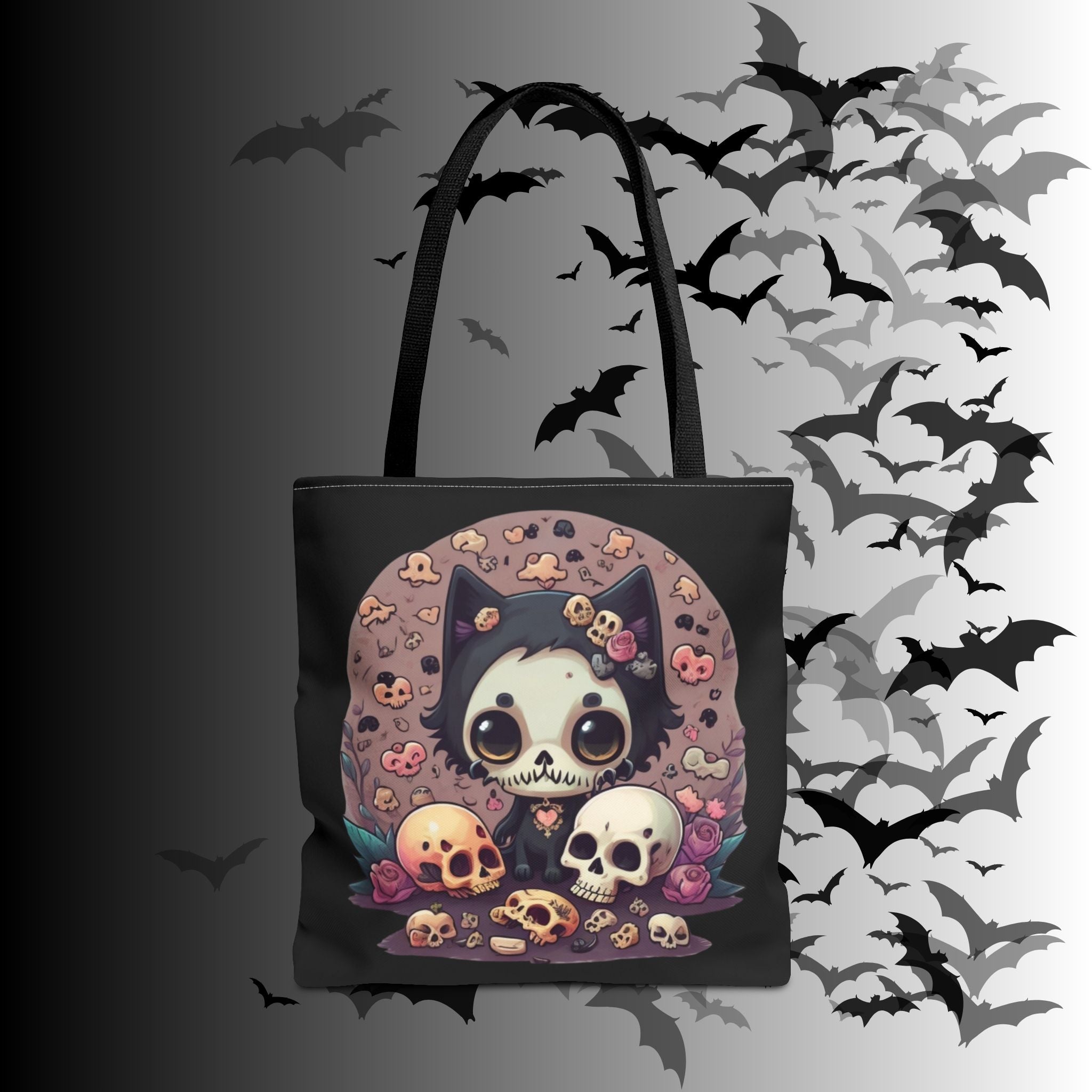 Kawaii Skull Cat Tote Bag — Gothic Cute Skull Illustration
