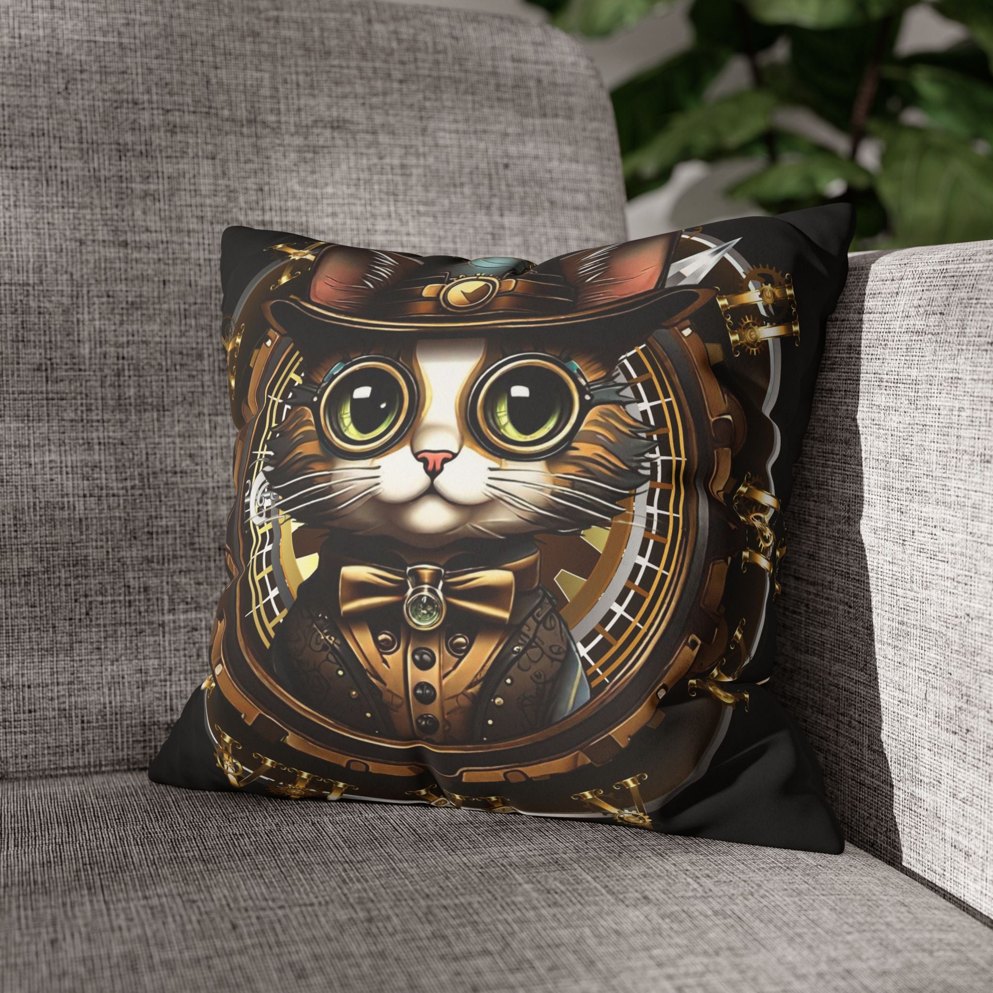 Steampunk Cat Throw Pillow — Vintage Industrial Gothic Home Decor