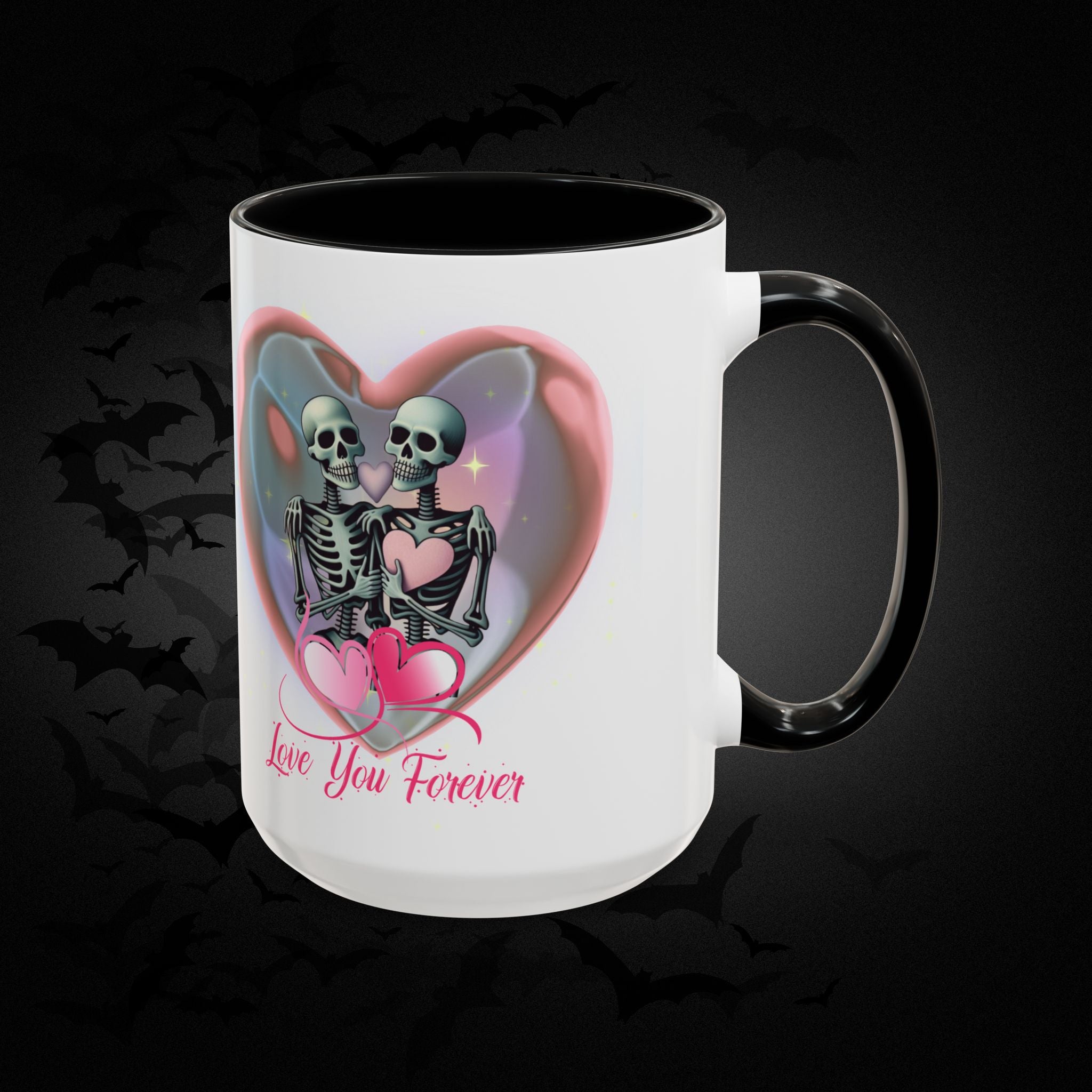 Love You Forever Valloween Coffee Mug — Skeleton Couple Heart Design (11/15oz)