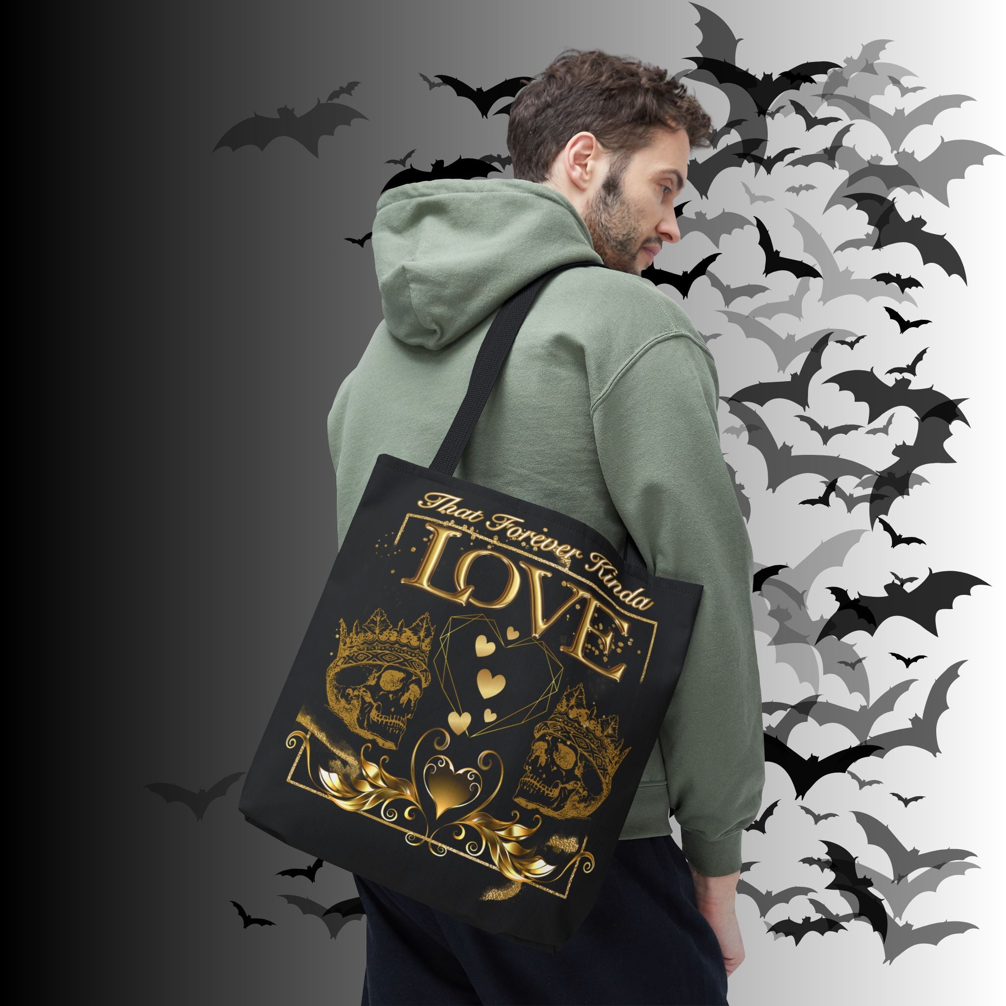 "That Forever Kinda Love" Gothic Skull Crown Tote Bag — Dark Romance Gold Print