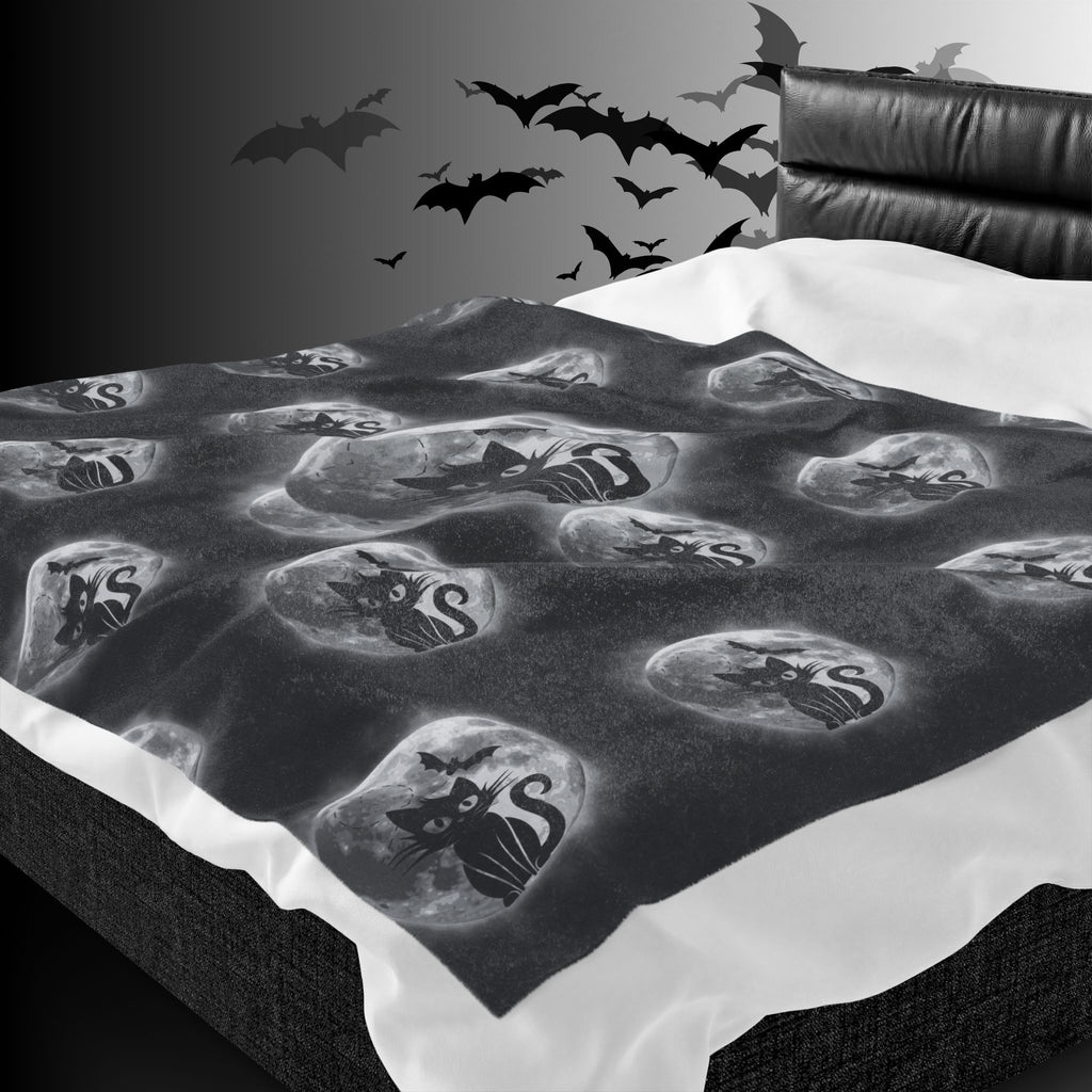 Gothic Black Cat Throw Blanket — Full Moon Bat Dark Home Decor