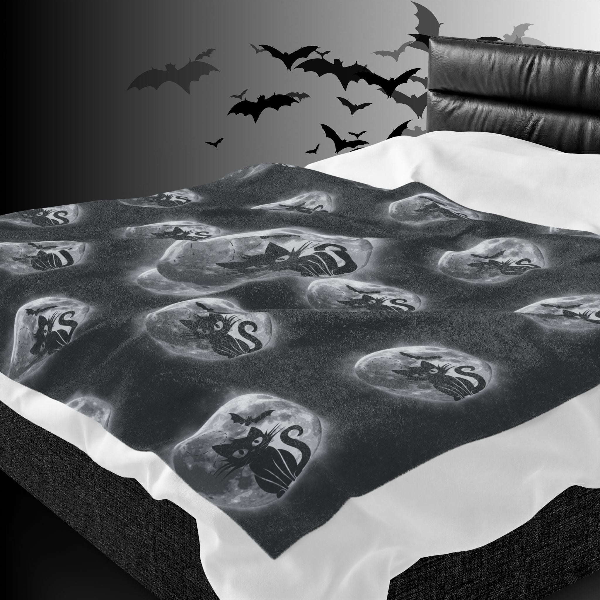 Gothic Black Cat Throw Blanket — Full Moon Bat Dark Home Decor