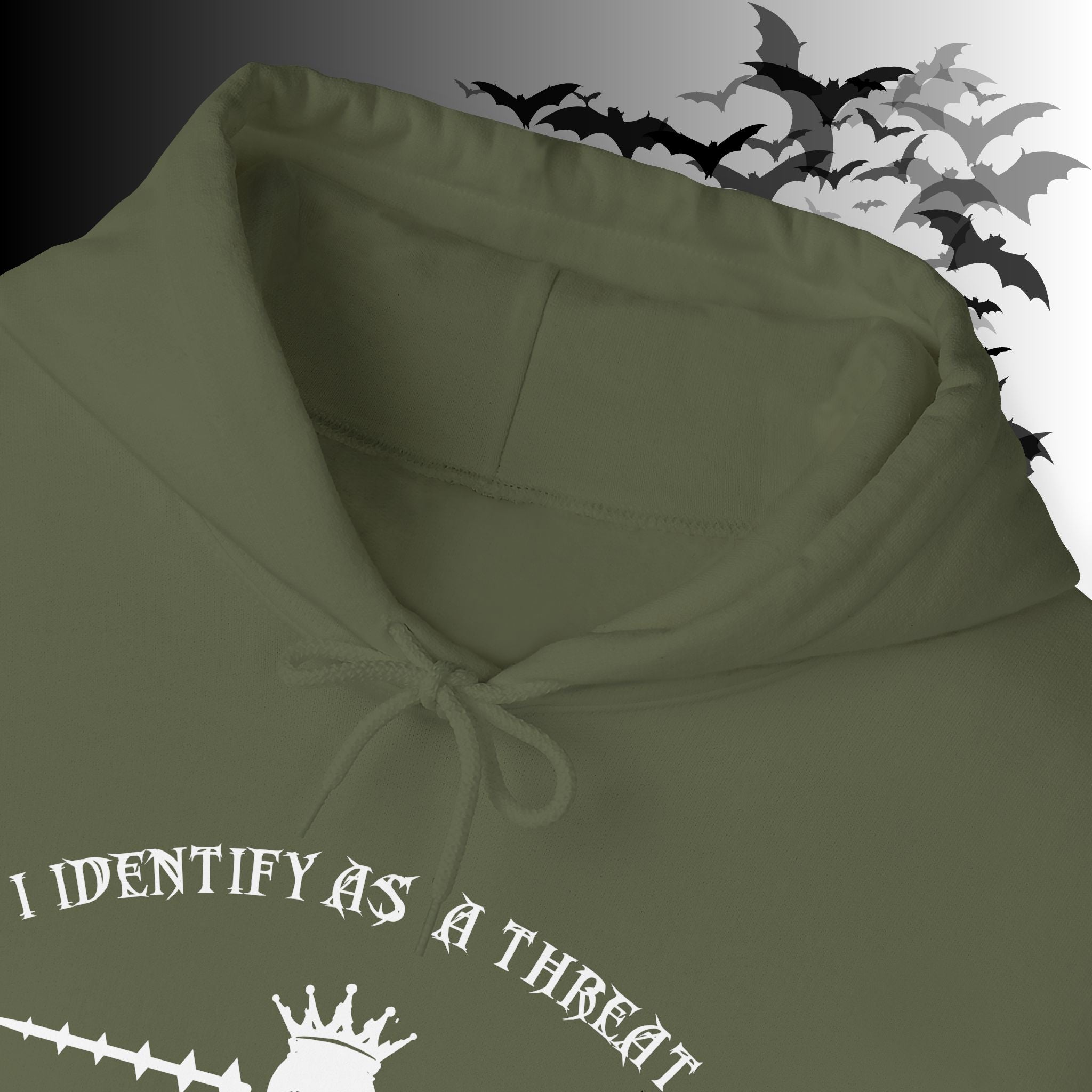I Identify As a Threat Hoodie — Gothic Skull Sleeve Print FAFO Black