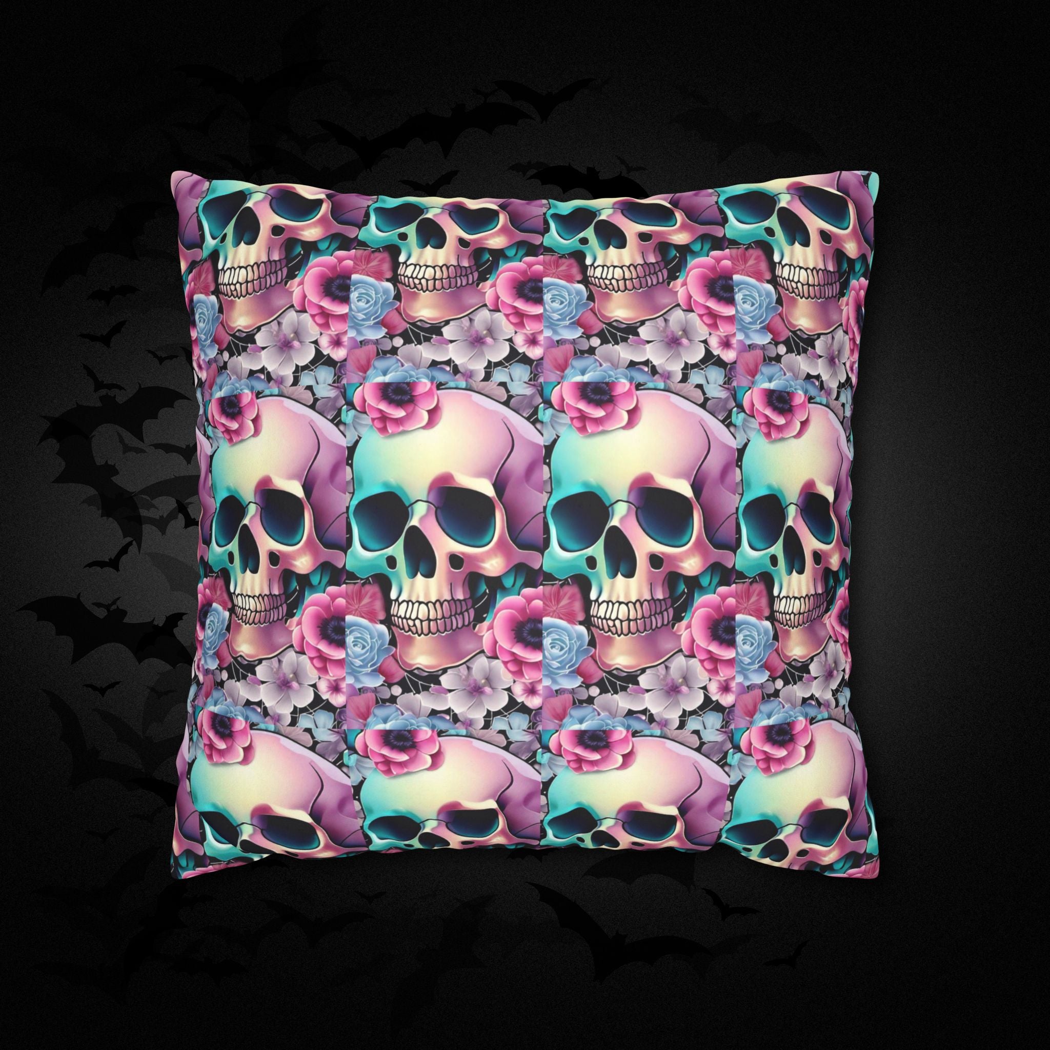 Pastel Goth Floral Skull Throw Pillow — Dark Floral Emo Home Decor