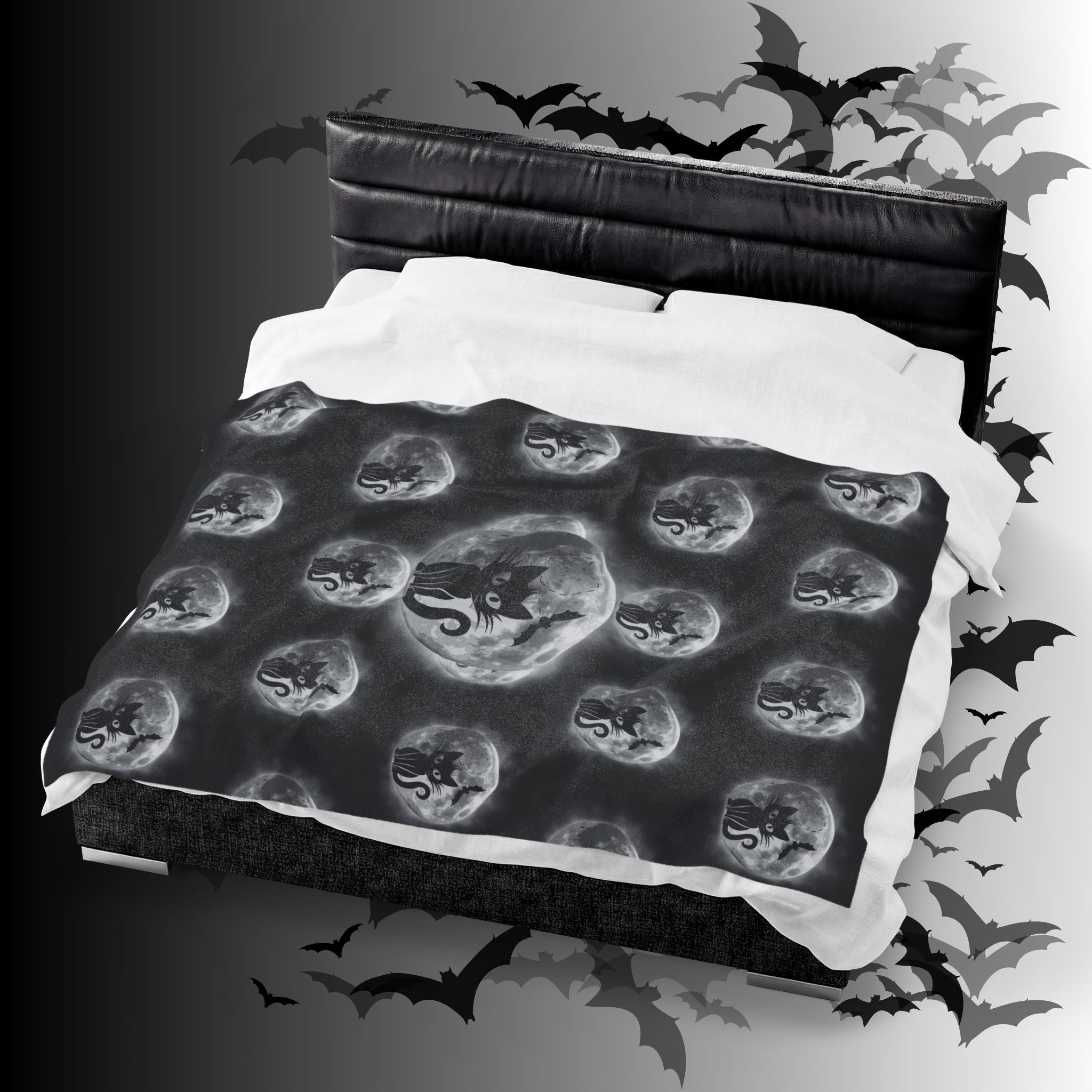 Gothic Black Cat Throw Blanket — Full Moon Bat Dark Home Decor