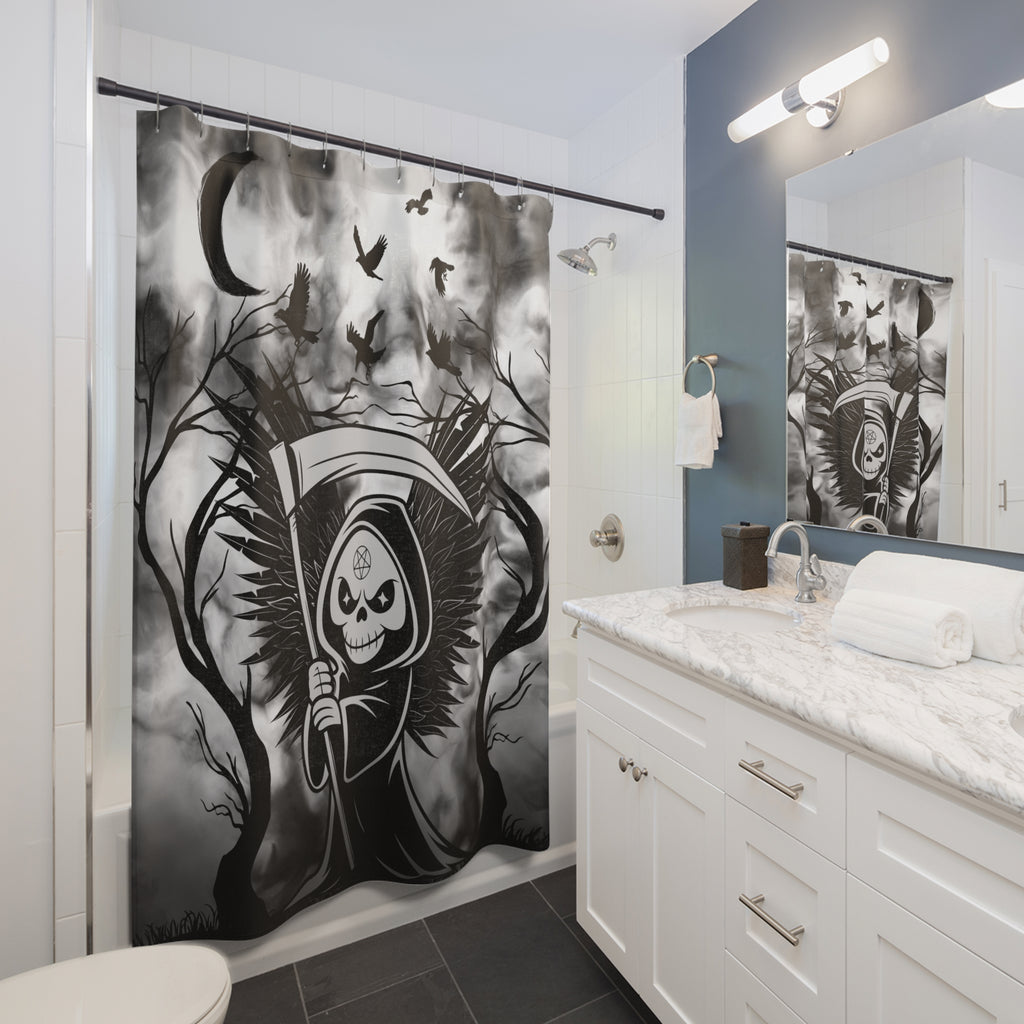 Gothic shower curtain with a grinning grim reaper holding a scythe with dark feathered wings surrounded by bare trees, swirling grey mist, a crescent moon, and crows in flight displayed in a white bathroom