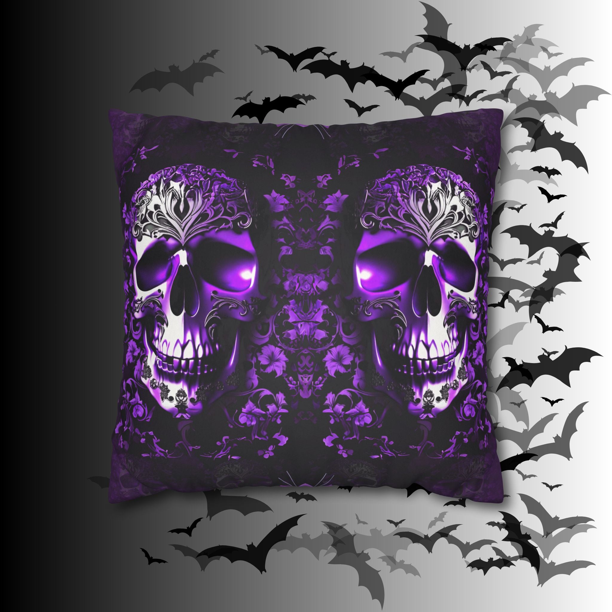 Purple Gothic Skull Throw Pillow — Damask Dark Home Decor