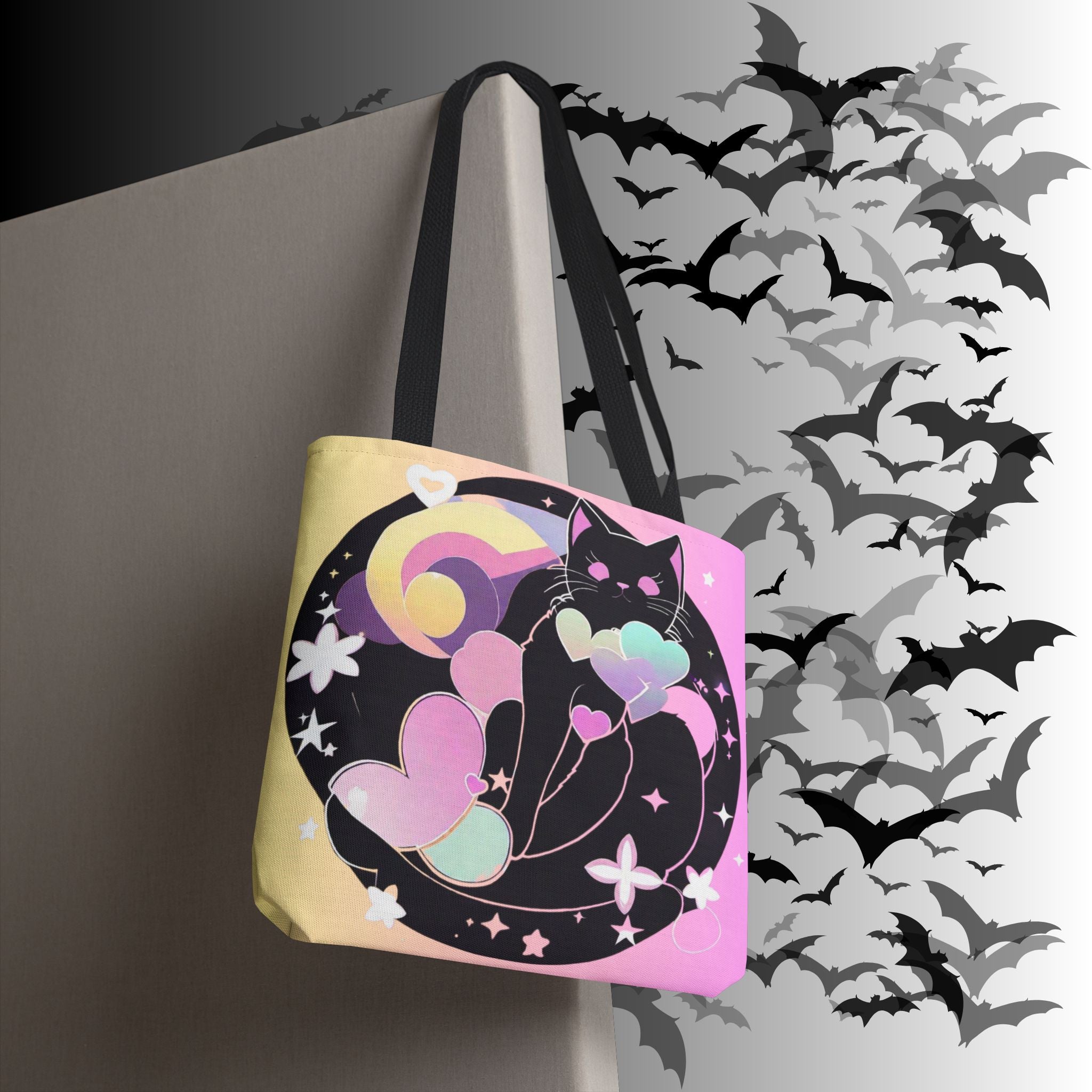 Pastel Goth Black Cat Heart Balloon Tote Bag — Kawaii Moon Print