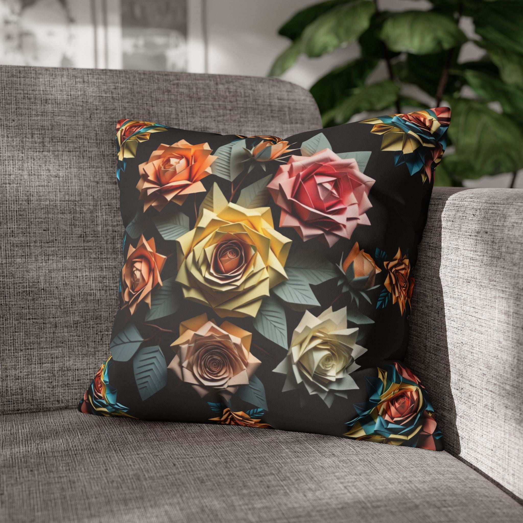 Gothic Origami Rose Throw Pillow — Dark Floral Botanical Home Decor