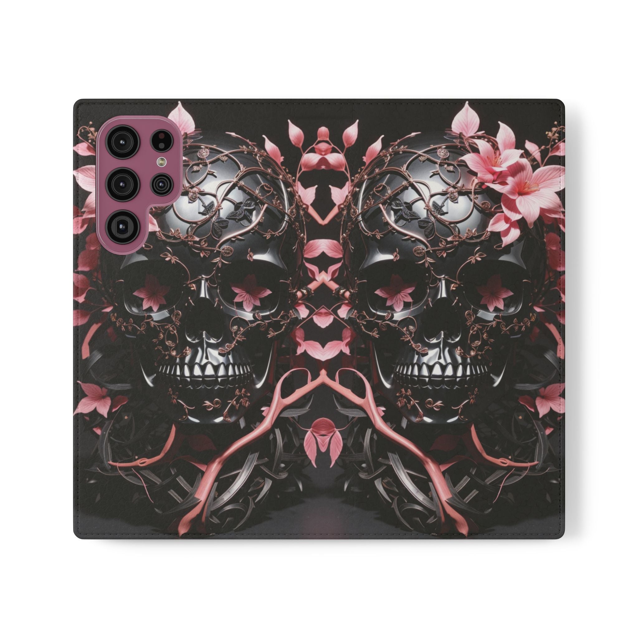 Pink Pastel Goth Skull Flip Wallet Phone Case - Skull Wallet Case for Samsung iPhone - Gothic Style Skull Wallet Phone Cases