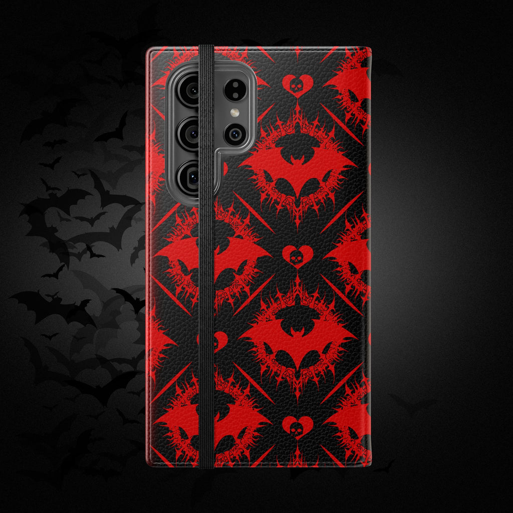 Gothic Bat Wallet Flip Case - Elegant Goth Phone Wallet - Bat Pattern Flip Case - Gothic Phone Case - Stylish Wallet Phone Case