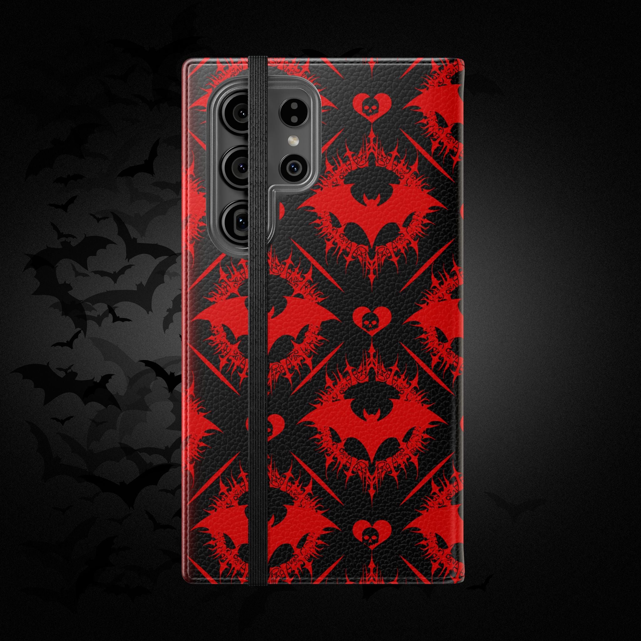 Gothic Bat Wallet Flip Case - Elegant Goth Phone Wallet - Bat Pattern Flip Case - Gothic Phone Case - Stylish Wallet Phone Case