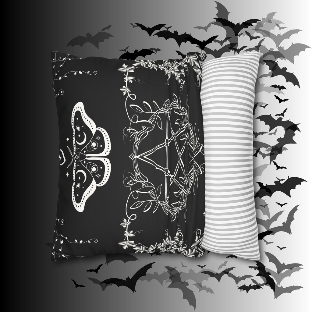 Witchy Moth Pentagram Throw Pillow — Botanical Gothic Dark Home Decor