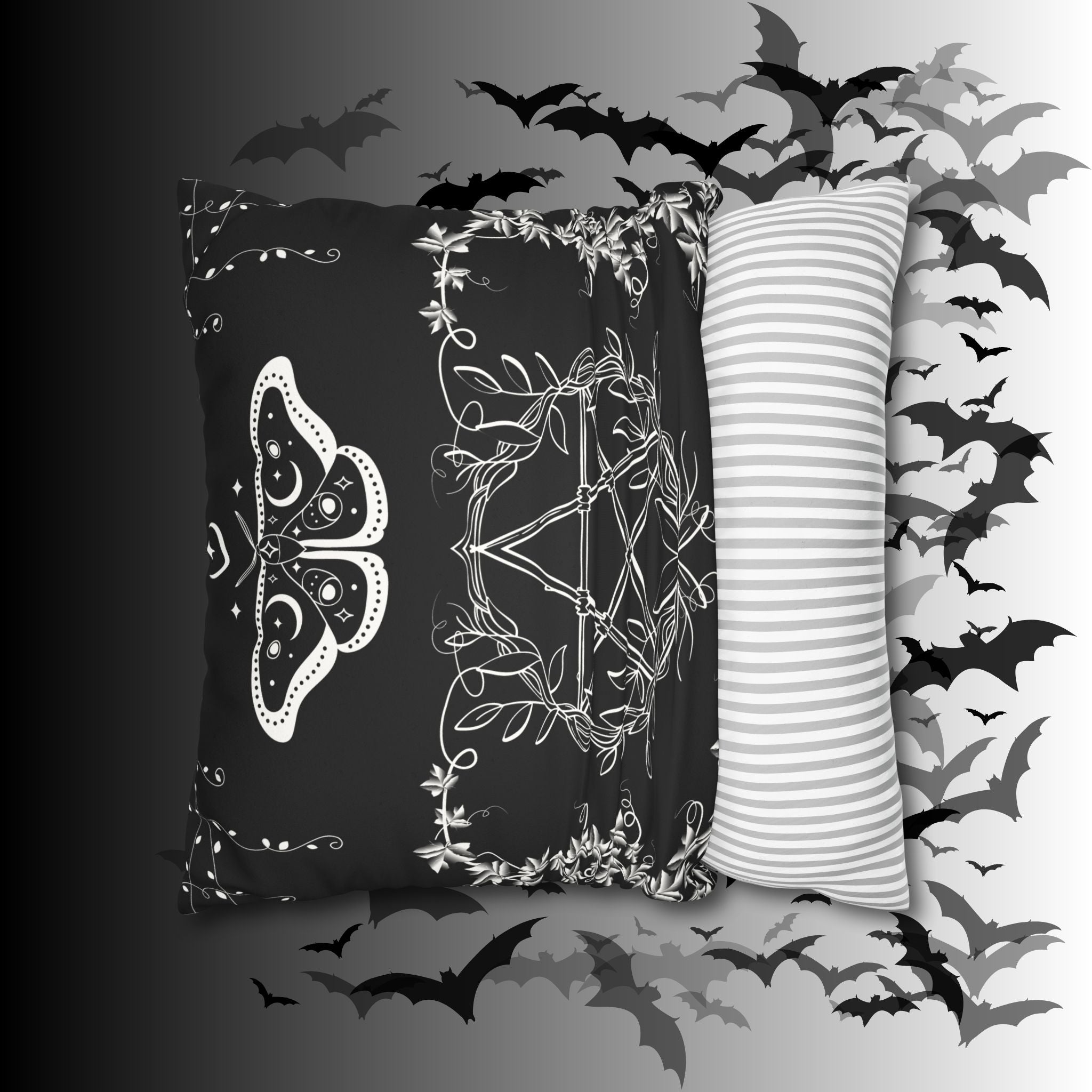 Witchy Moth Pentagram Throw Pillow — Botanical Gothic Dark Home Decor