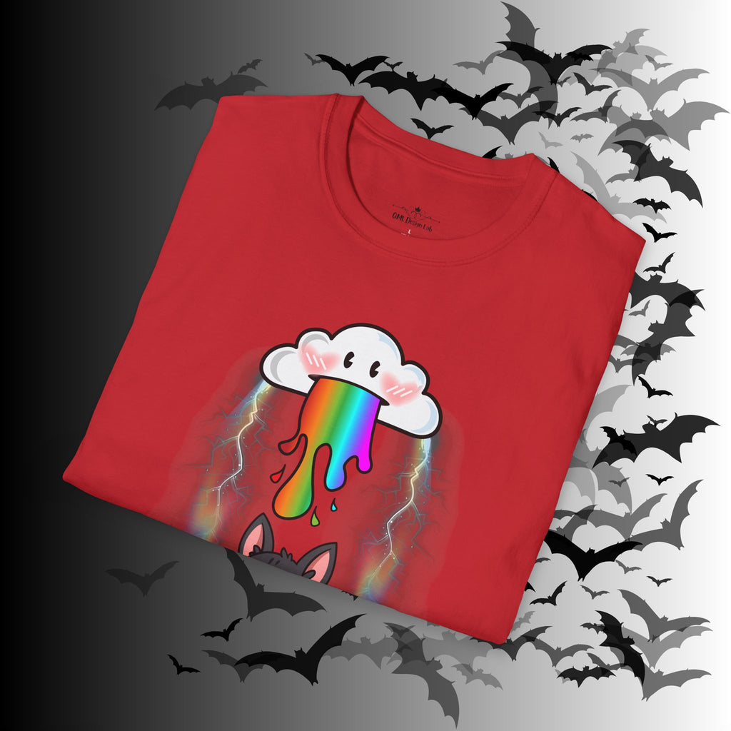 Rainbow Vomit Cloud Bat T-Shirt — Kawaii Goth Pride Unisex Tee