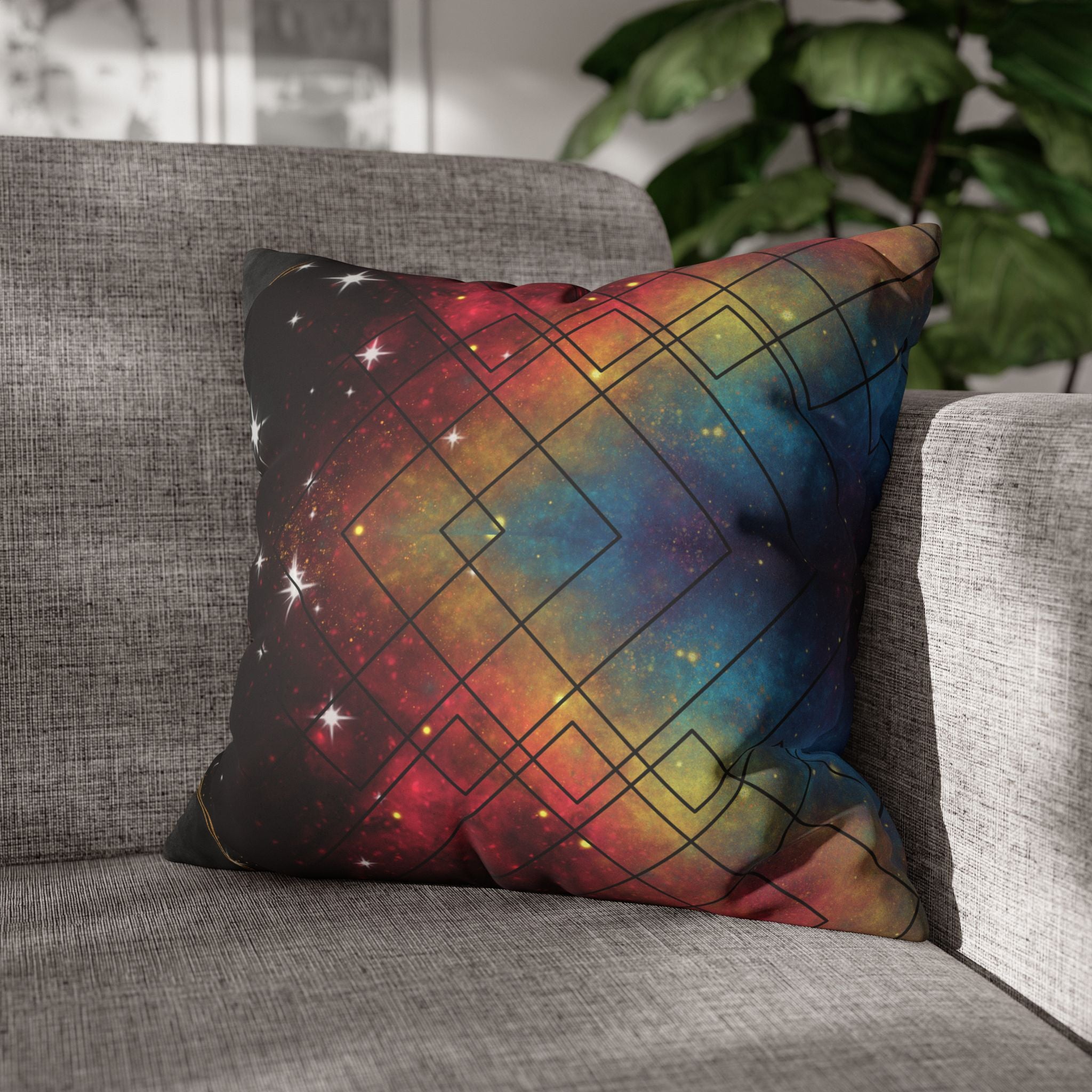 Rainbow Galaxy Geometric Throw Pillow — Celestial Cosmic Dark Home Decor