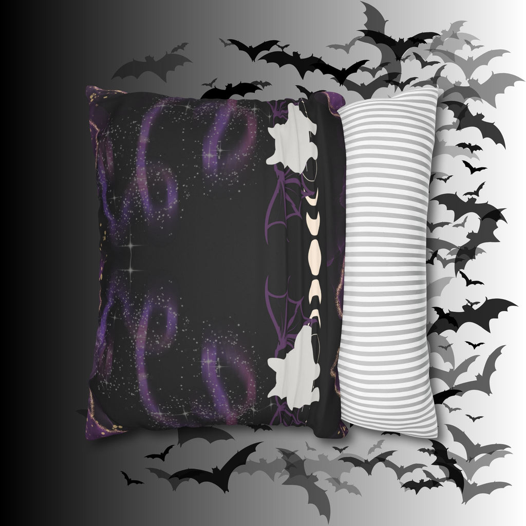 Gothic Bat Wing Cat Moon Phases Throw Pillow — Purple Celestial Dark Home Decor