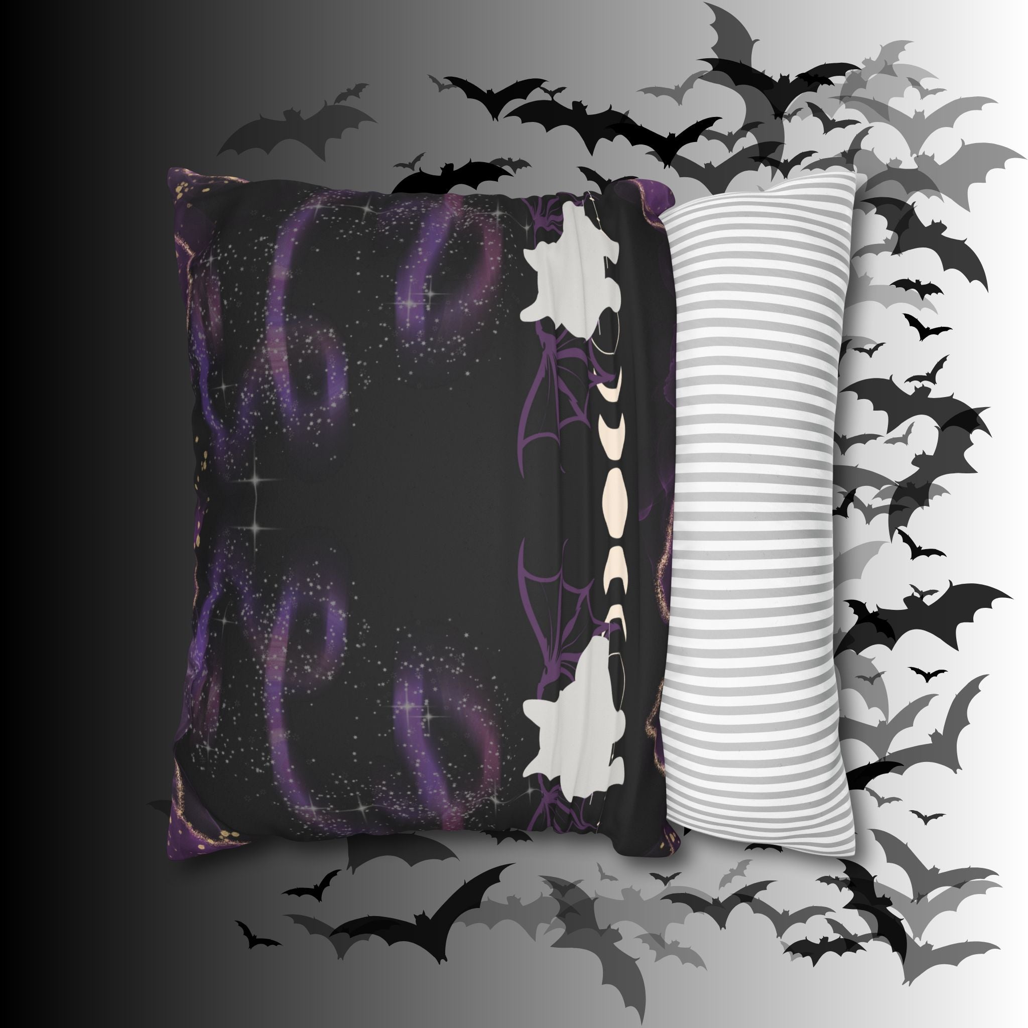 Gothic Bat Wing Cat Moon Phases Throw Pillow — Purple Celestial Dark Home Decor