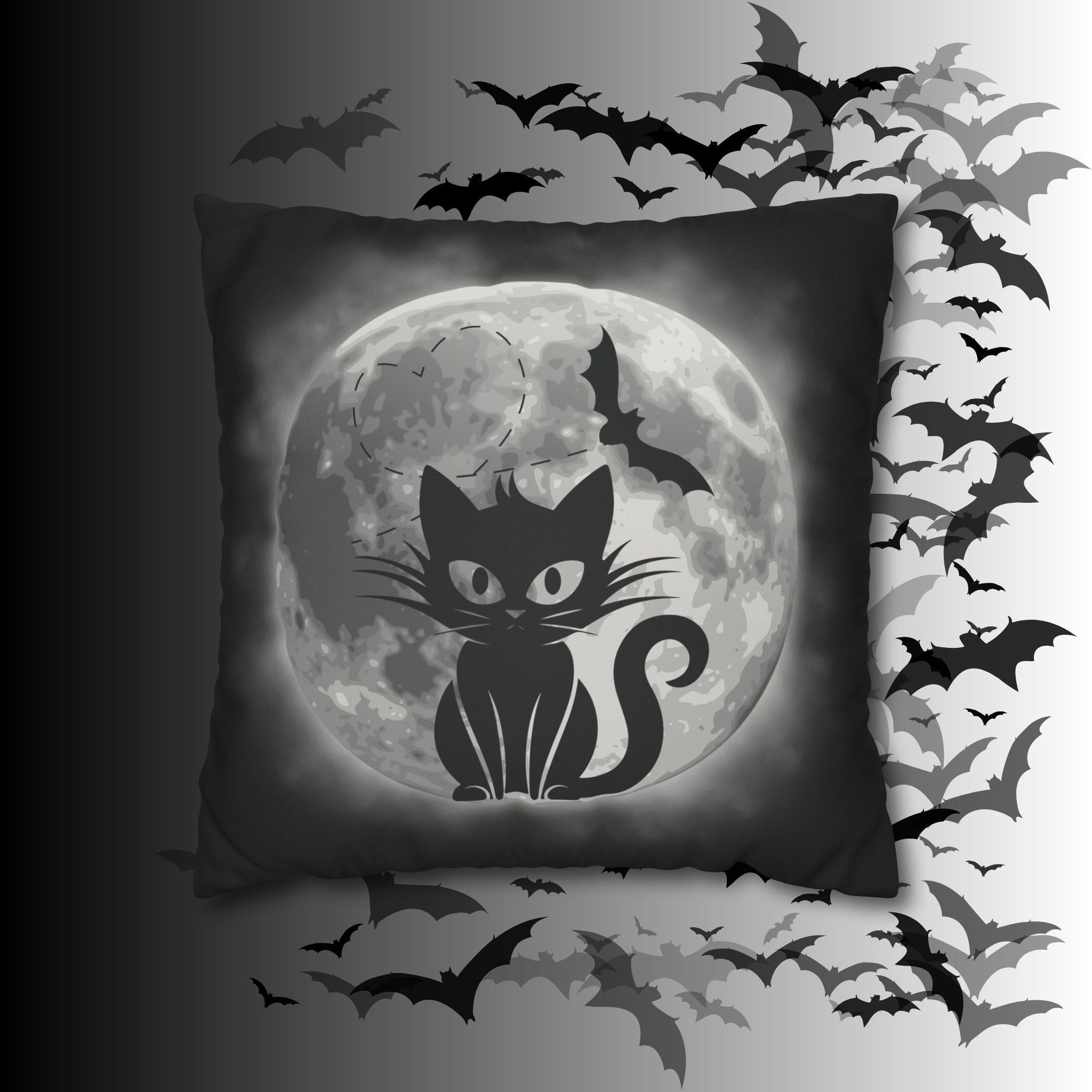Gothic Black Cat Full Moon Throw Pillow — Bat Dark Home Decor