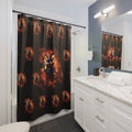 Gothic shower curtain with repeating chibi Baphomet characters with ram horns and battle axes surrounded by orange flame bursts on a black background
