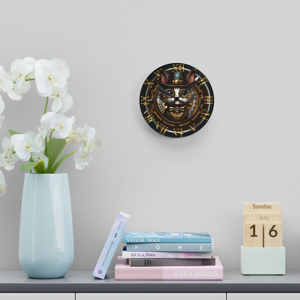 Steampunk Cat Wall Clock — Victorian Gear Acrylic Art Print Home Decor