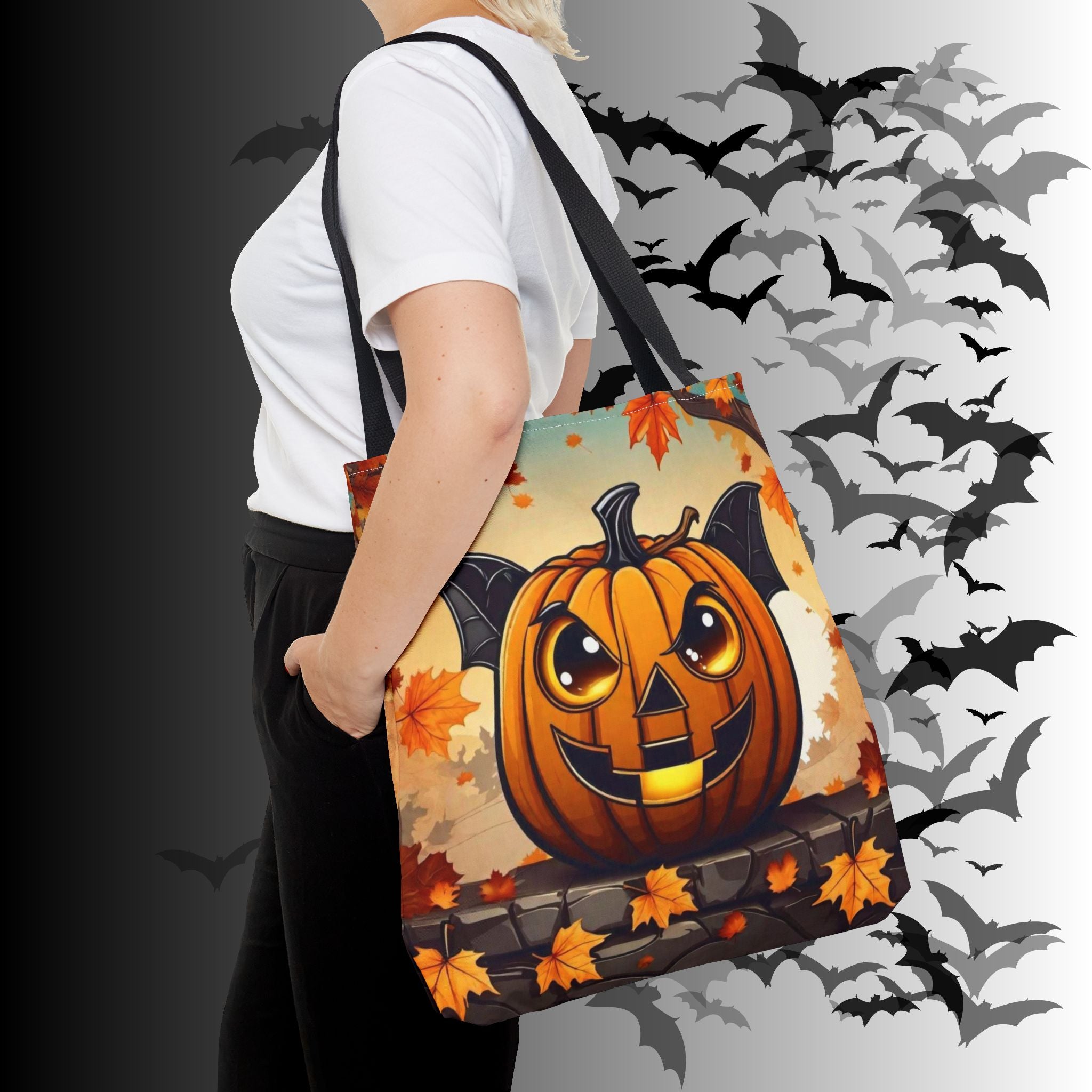 Bat Wing Jack-o'-Lantern Halloween Tote Bag — Autumn Leaves Print
