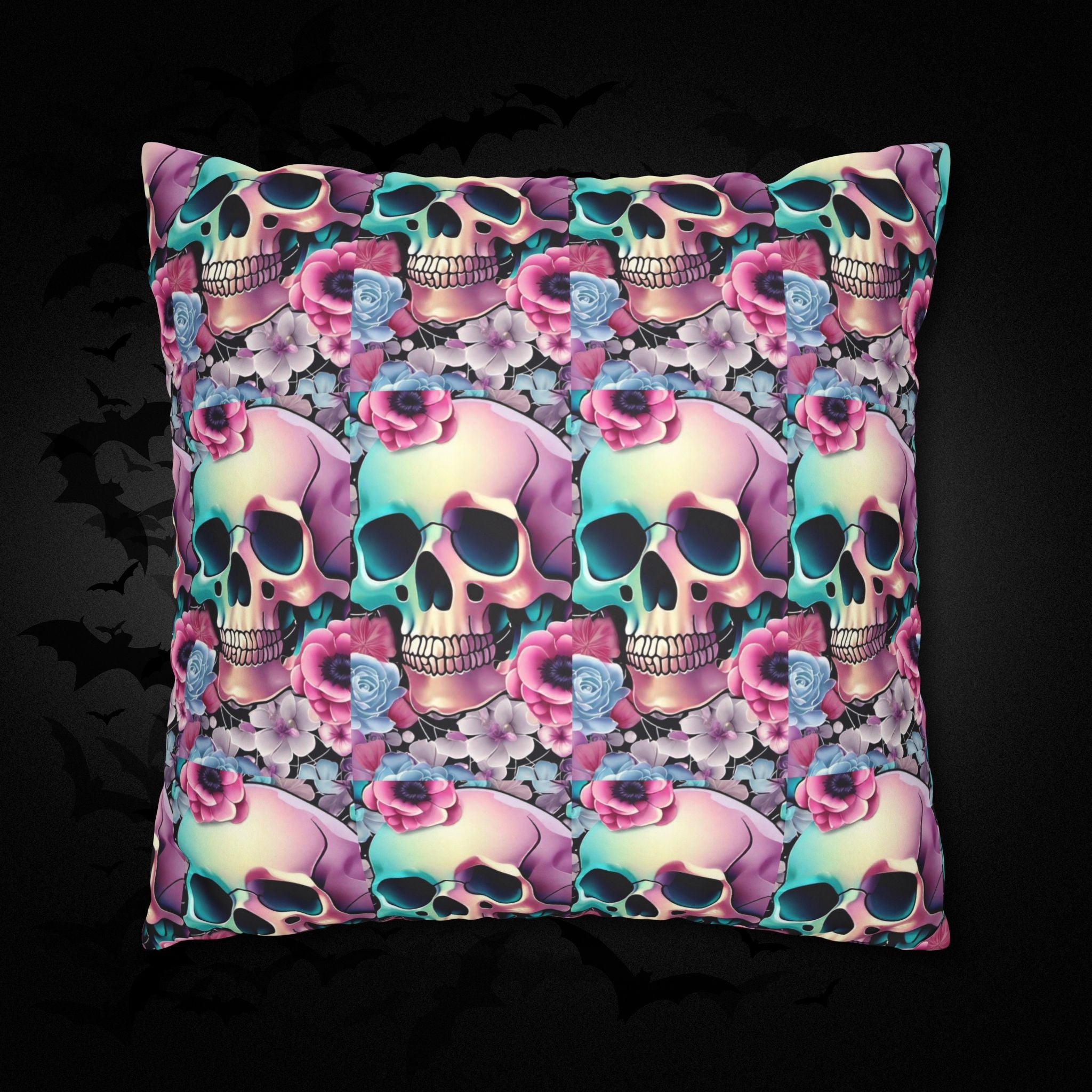 Pastel Goth Floral Skull Throw Pillow — Dark Floral Emo Home Decor