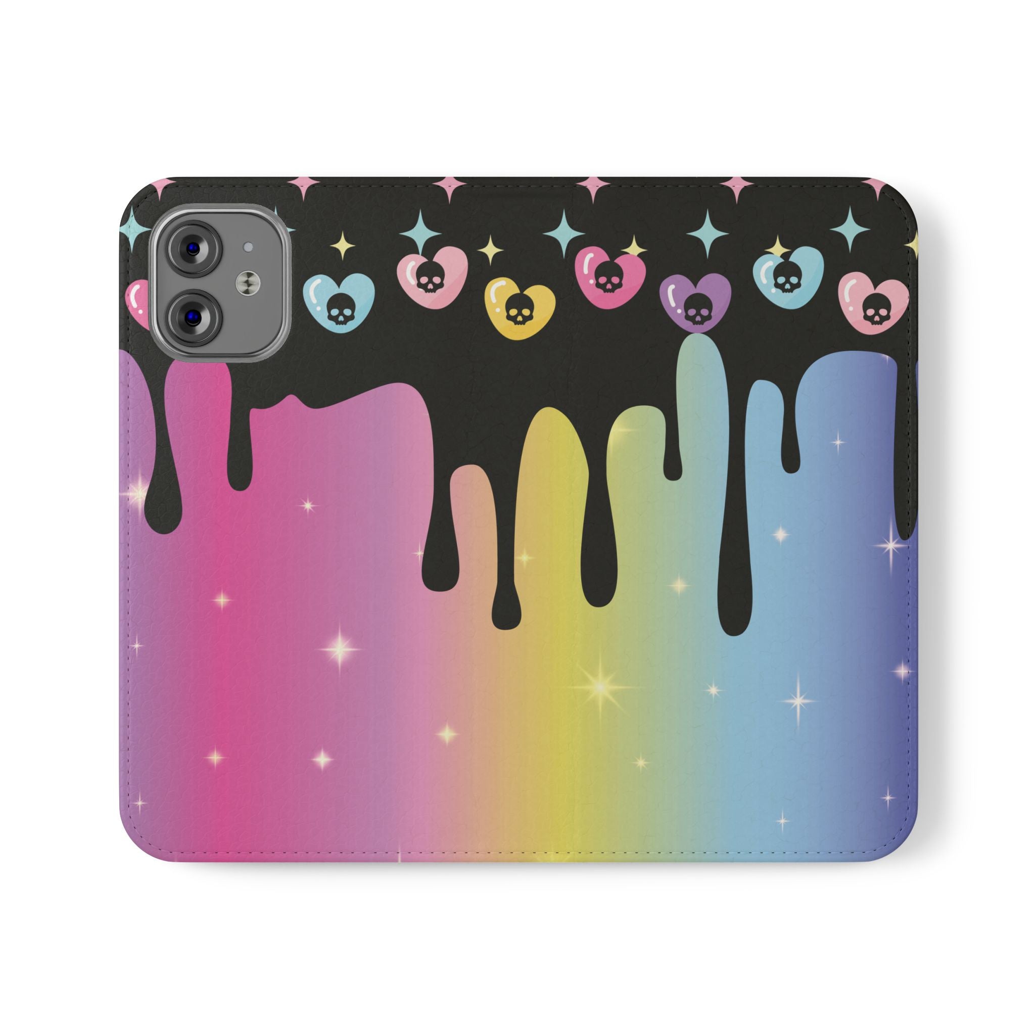 Pastel Goth Drippy Rainbow Skulls Flip Wallet Phone Case - Wallet Case for Samsung and iPhone - Gothic Style Wallet Phone Cases