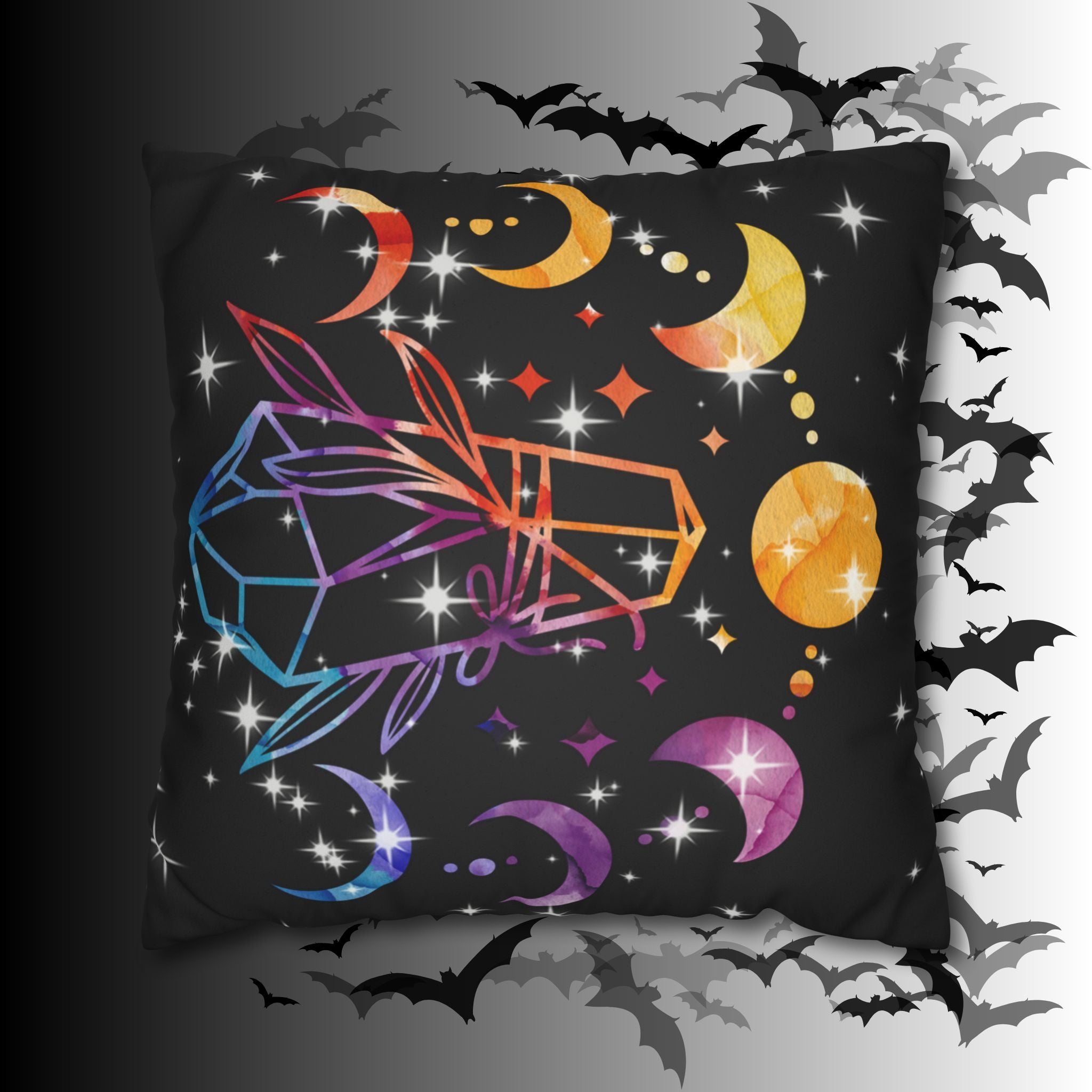 Rainbow Crystal Celestial Throw Pillow — Witchy Gothic Dark Home Decor