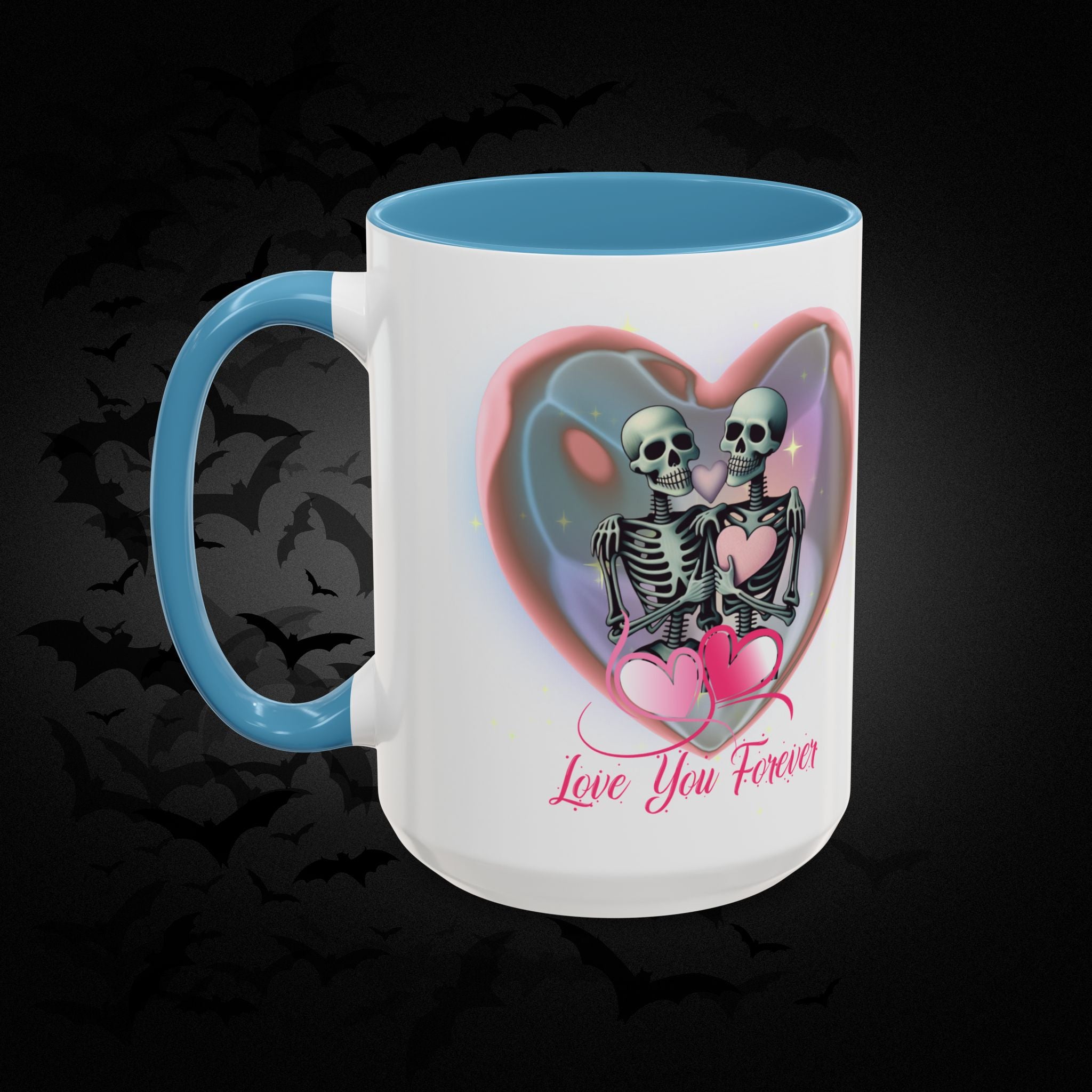 Love You Forever Valloween Coffee Mug — Skeleton Couple Heart Design (11/15oz)