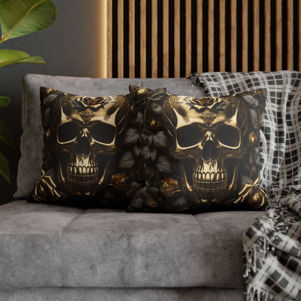 Gothic Gold Black Rose Skull Throw Pillow — Dark Floral Botanical Home Decor
