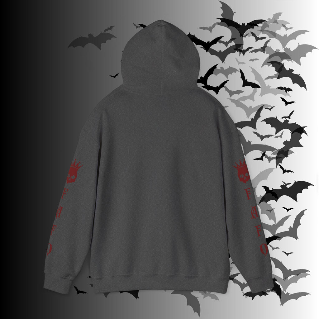 I Identify As a Threat Hoodie — Gothic Skull Sleeve Print Fuck Around Find Out