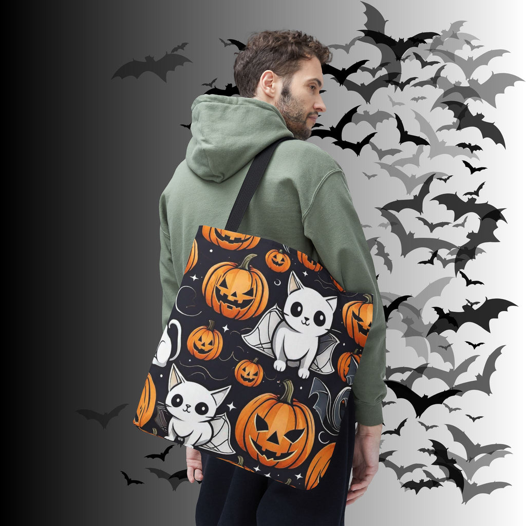 Kawaii Bat Cat Halloween Tote Bag — Spooky Pumpkin Pattern