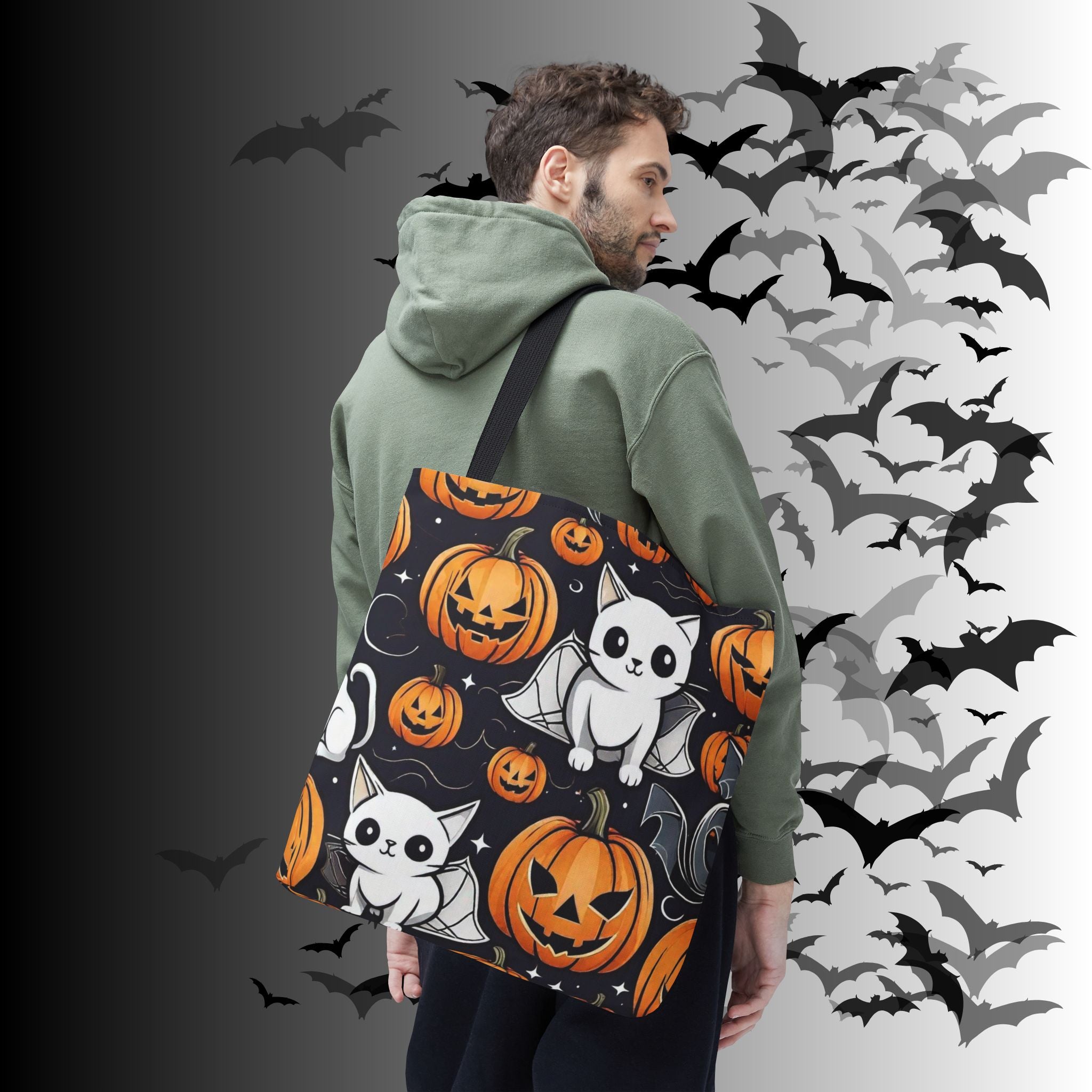 Kawaii Bat Cat Halloween Tote Bag — Spooky Pumpkin Pattern