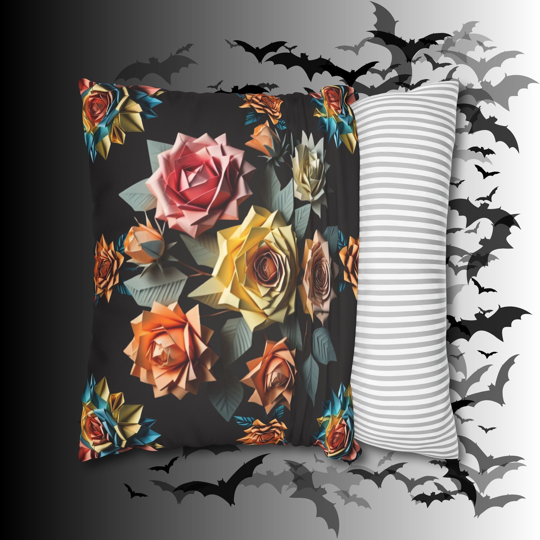 Gothic Origami Rose Throw Pillow — Dark Floral Botanical Home Decor