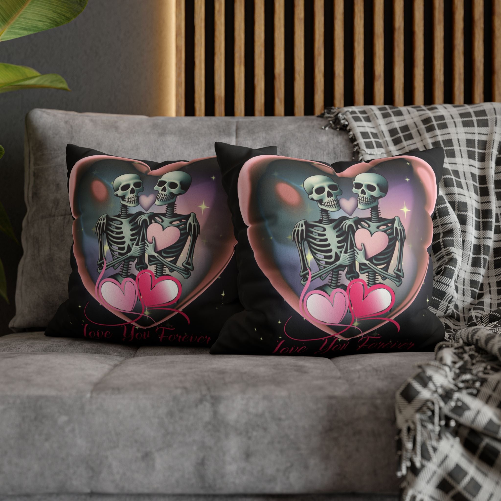 Love You Forever Skeleton Couple Throw Pillow — Gothic Love Dark Home Decor