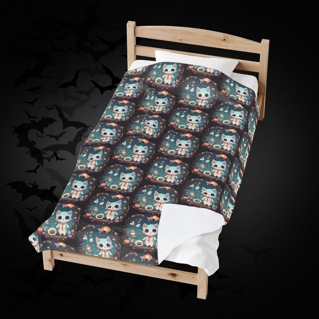 Pastel Goth Cat Throw Blanket — Creepy Cute Kawaii Dark Home Decor