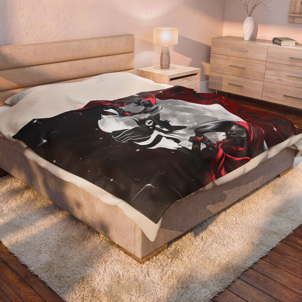Gothic Black Cat Grim Reaper Throw Blanket — Moonlit Dark Home Decor