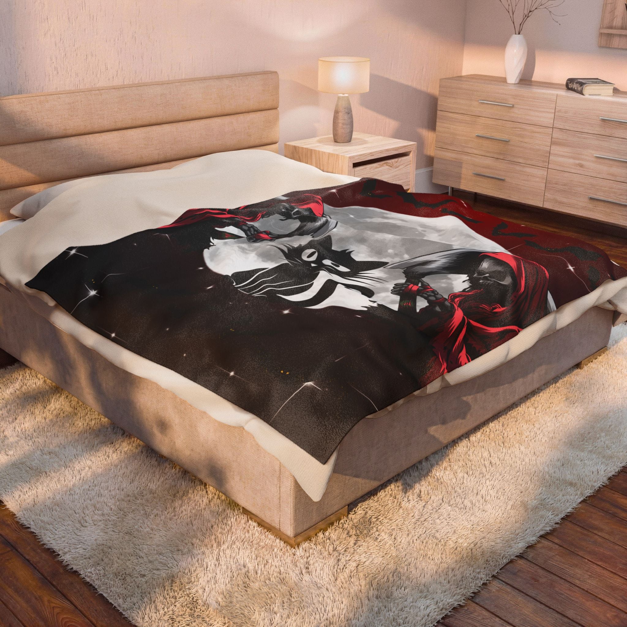 Gothic Black Cat Grim Reaper Throw Blanket — Moonlit Dark Home Decor