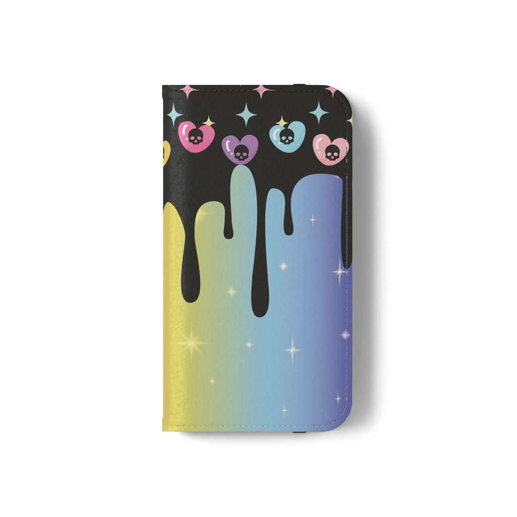 Pastel Goth Drippy Rainbow Skulls Flip Wallet Phone Case - Wallet Case for Samsung and iPhone - Gothic Style Wallet Phone Cases