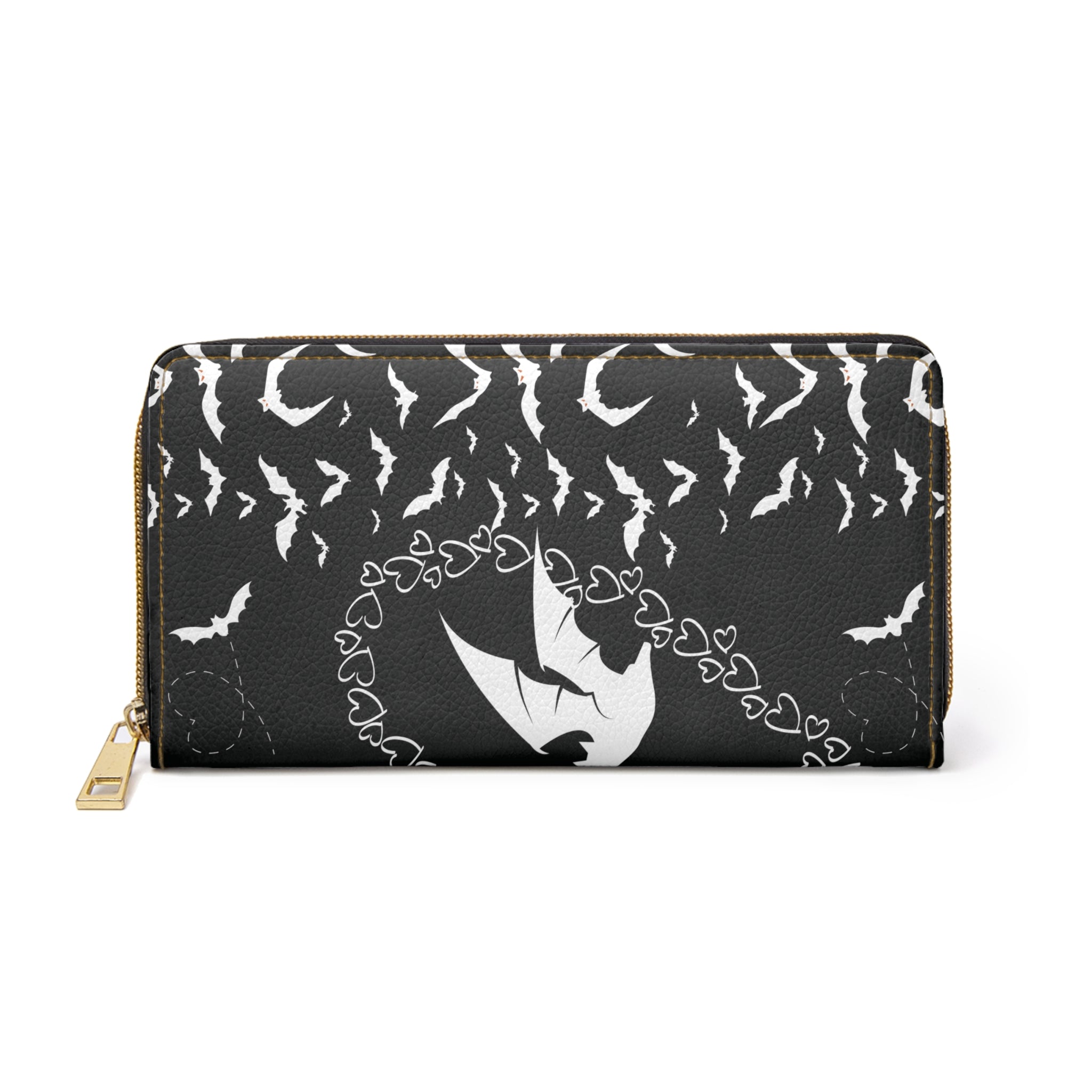 Gothic Bat & Heart Chain Wallet | Two-Sided Black & White Faux Leather Zipper Clutch