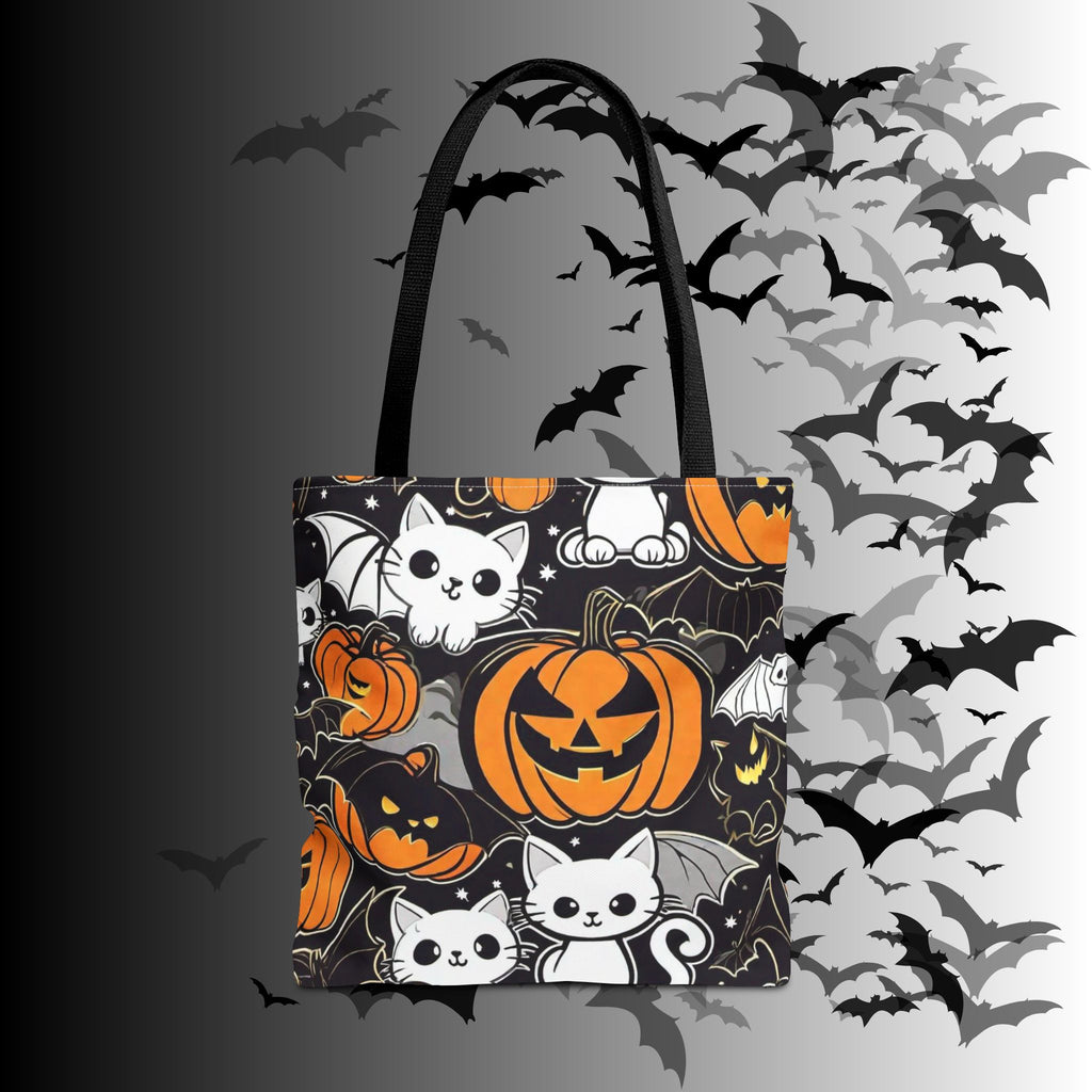 Kawaii Bat Cat Halloween Tote Bag — Dark Pumpkin Pattern
