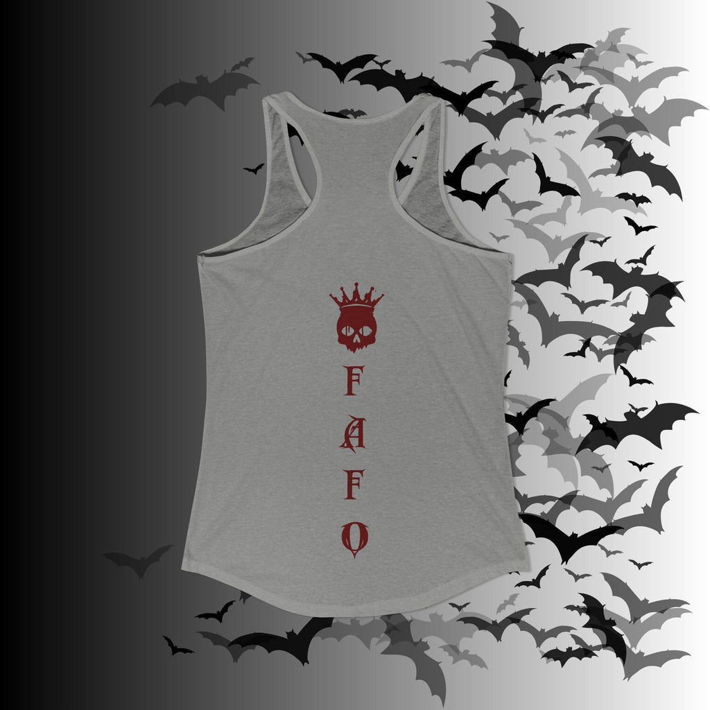 "FAFO" I Identify As A Threat Racerback Tank Top — Gothic Humor Front & Back