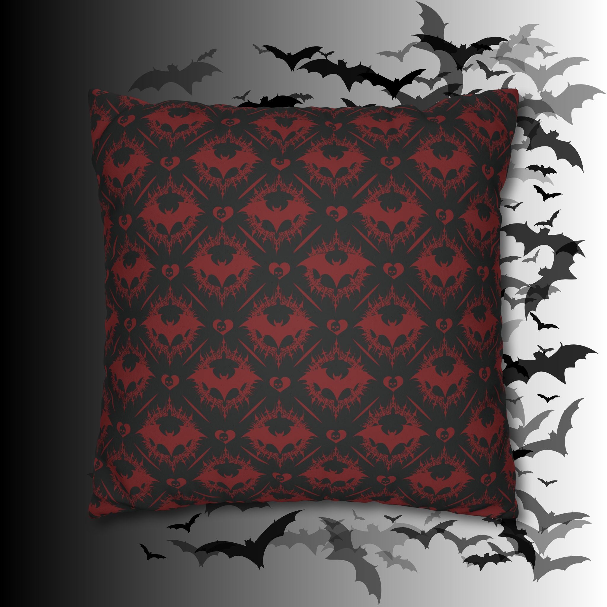 Gothic Bat Diamond Pattern Throw Pillow — Midnight Black Dark Home Decor