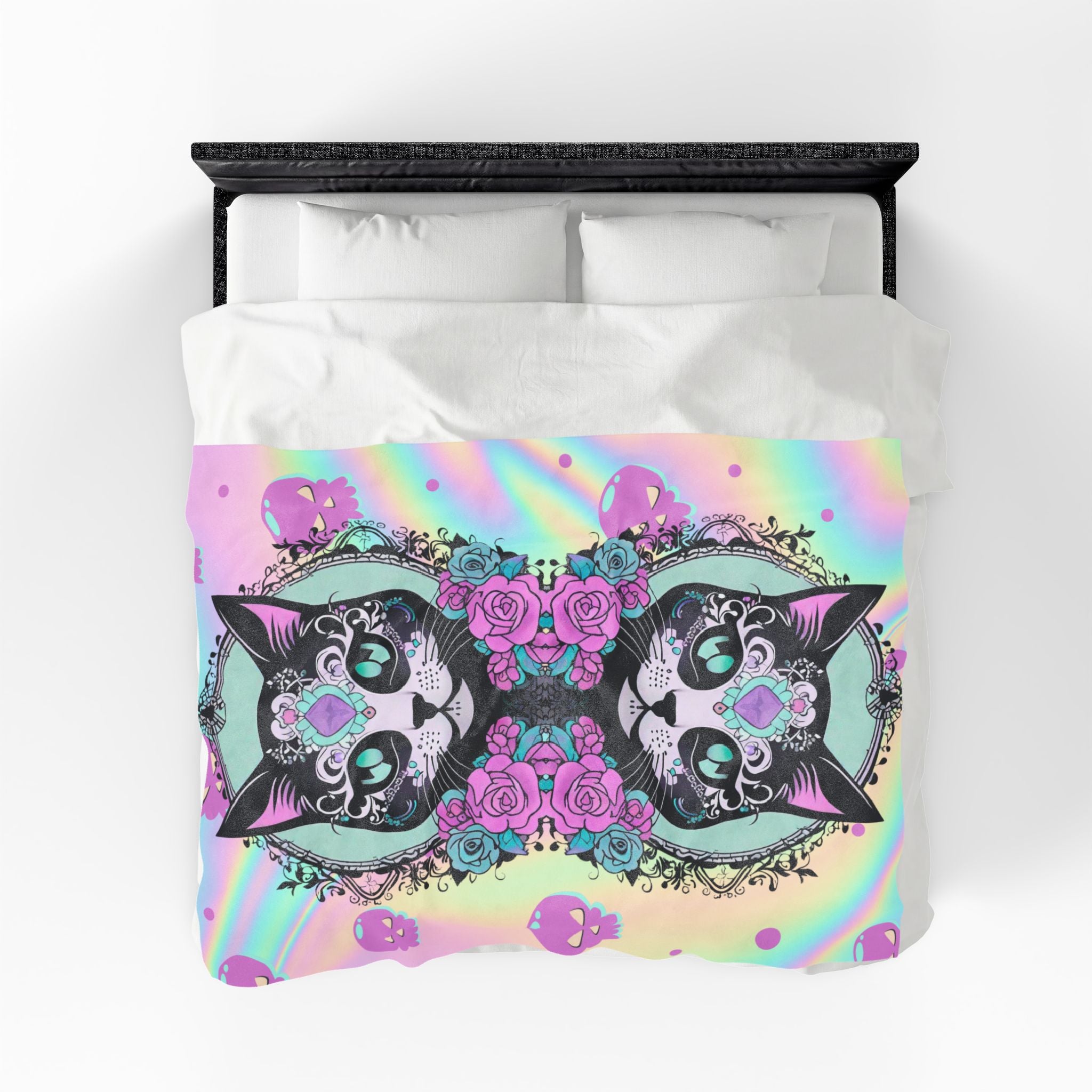 Pastel Goth Sugar Skull Cat Throw Blanket — Floral Gothic Home Decor