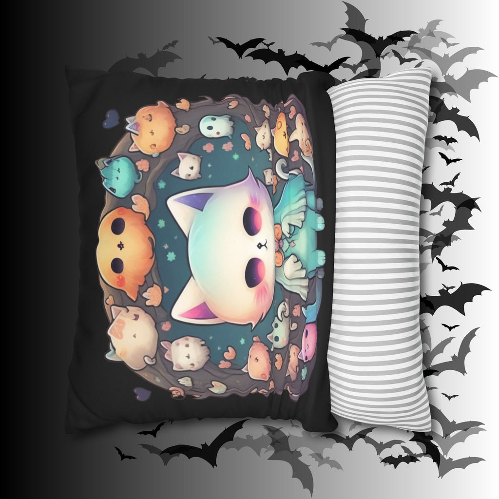 Creepy Cute Kawaii Ghost Cat Throw Pillow — Pastel Goth Dark Home Decor