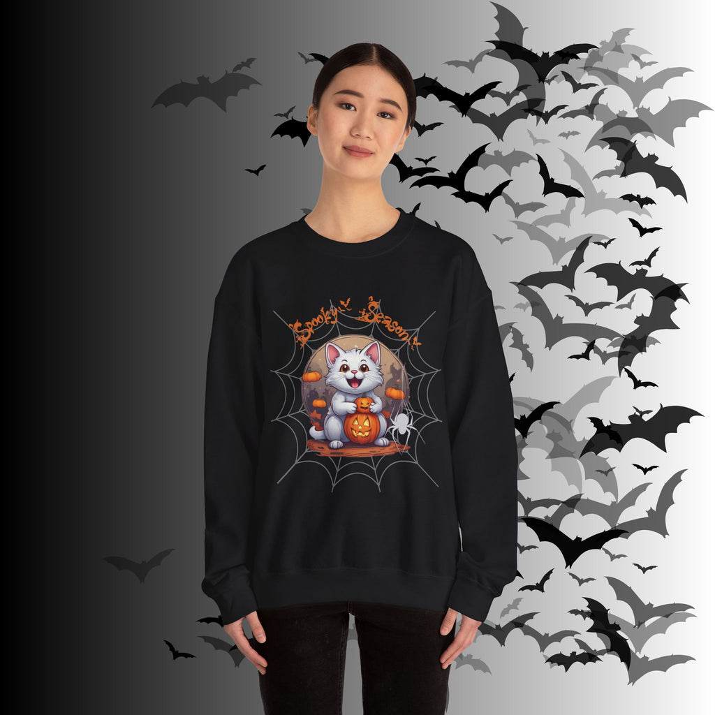 Spooky Season Cat Crewneck Sweatshirt — Kawaii Halloween Pumpkin