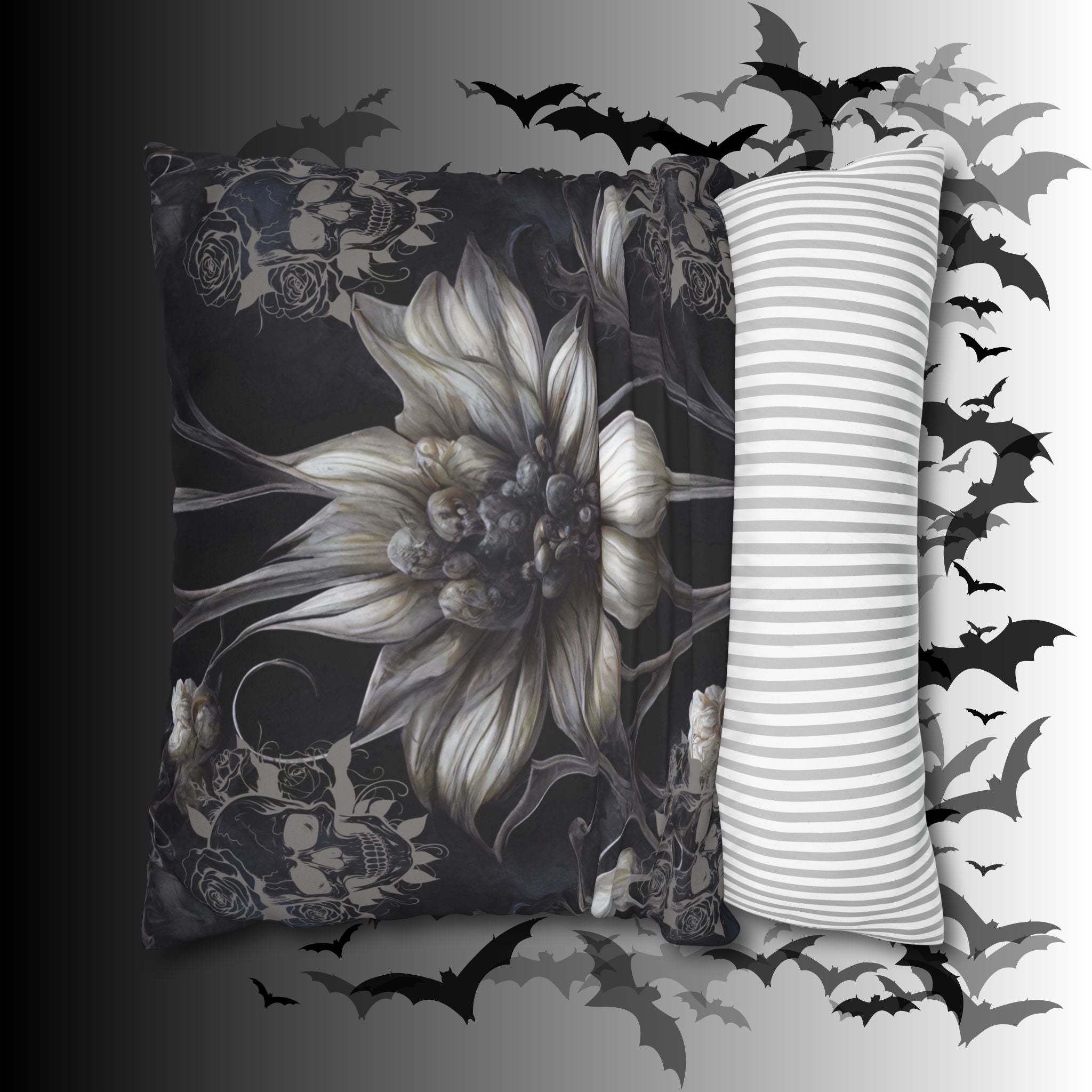 Gothic Skull Botanical Sunflower Throw Pillow — Dark Floral Home Decor